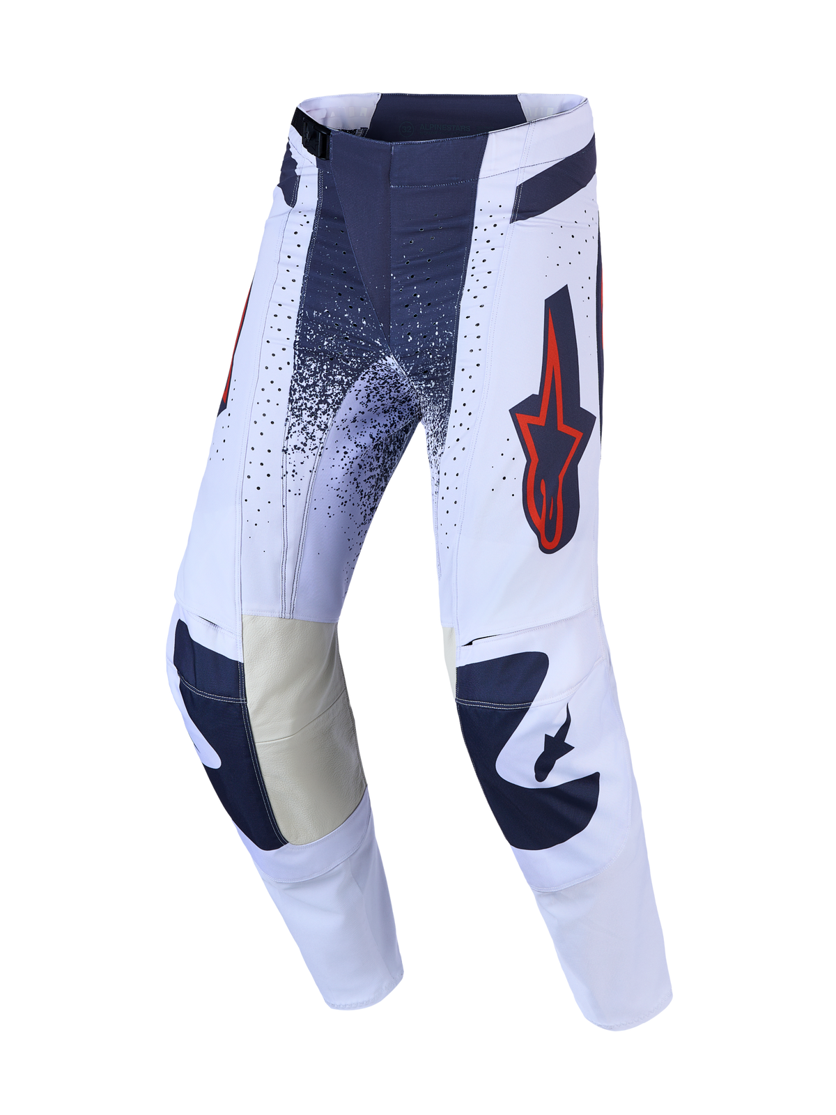Alpinestars Techstar Swan Motocross Pants, light lilac and dark gray with red fluo accents and leather inner knees.