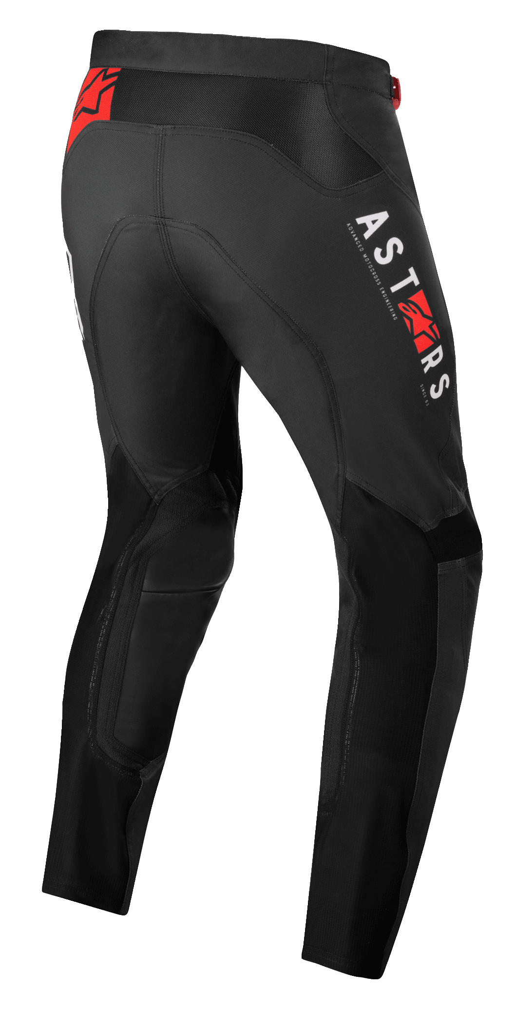 Alpinestars Supertech Foster Pants, Motocross Pants, Black, featuring white ASTARS vertical branding and red star logos, high-performance textile construction with mesh panels for ventilation and freedom of movement.