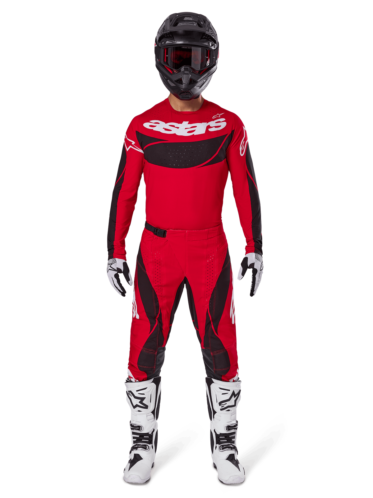 Alpinestars 2025 Techstar Dreem Hose, Motocross-Hose, leuchtendes Rot und Schwarz, getragen als Teil einer kompletten Rennausrüstung mit passendem rotem Trikot, schwarzem Helm und weißen Stiefeln, sportliches Design mit markantem Branding für Offroad-Performance.