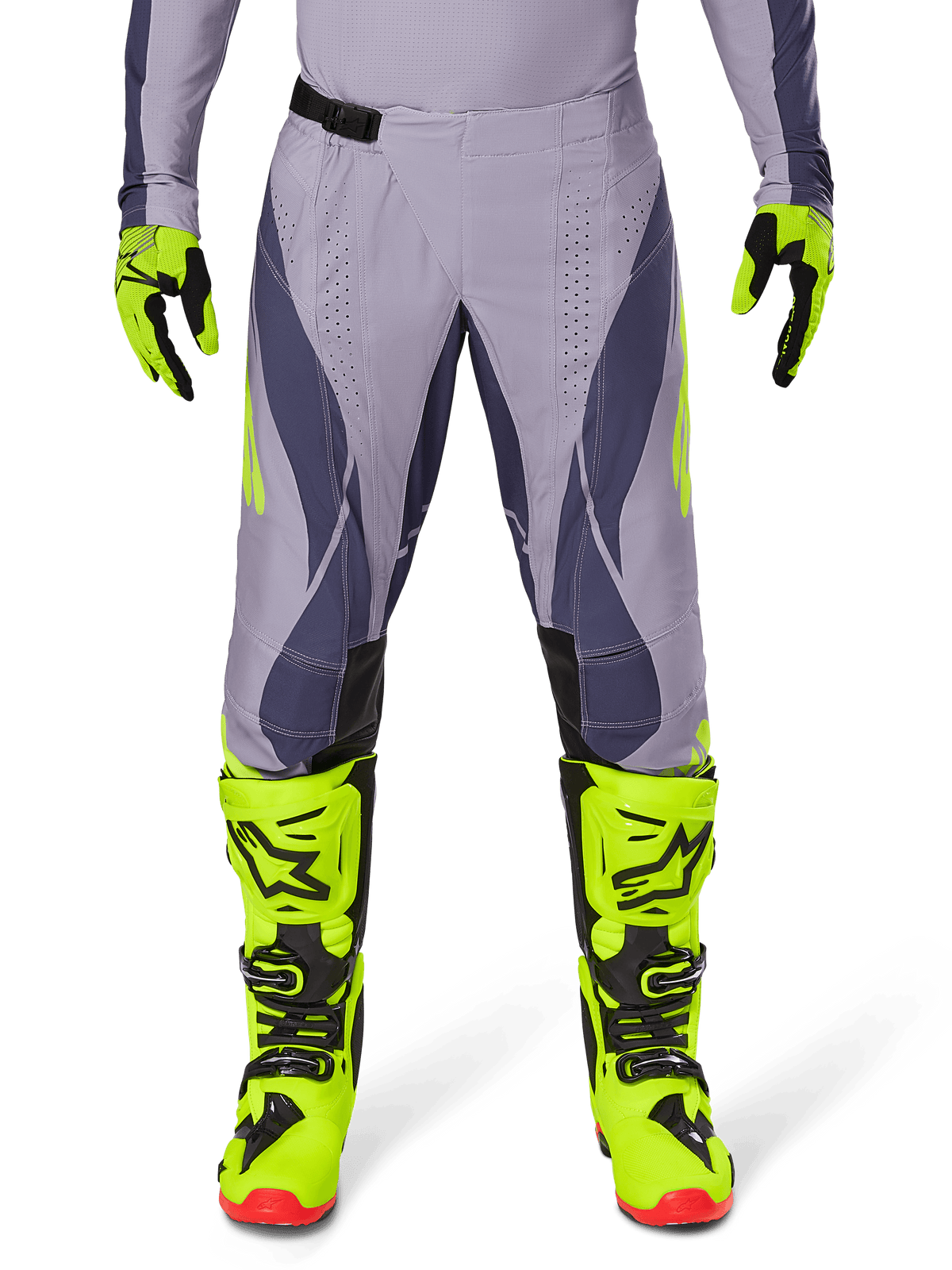 Alpinestars 2025 Techstar Dreem Pants, Motocross Pants, Light Gray and Dark Gray with neon yellow accents, paired with neon yellow boots and gloves, laser-cut ventilation, black buckles, red boot soles, professional motocross gear