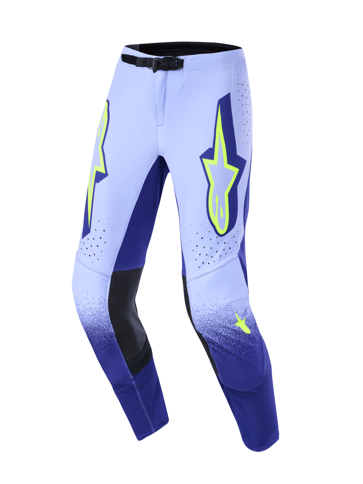 Alpinestars 2026 Supertech Scenz Hose, Motocross-Hose, Lila und Fluo-Gelb, mit einem Farbverlauf von Lavendel zu Marineblau, neongelben Alpinestars Stern-Logos auf den Oberschenkeln, schwarzen Leder-Innenknie-Einsätzen und einer sicheren schwarzen Gürtelschnalle.