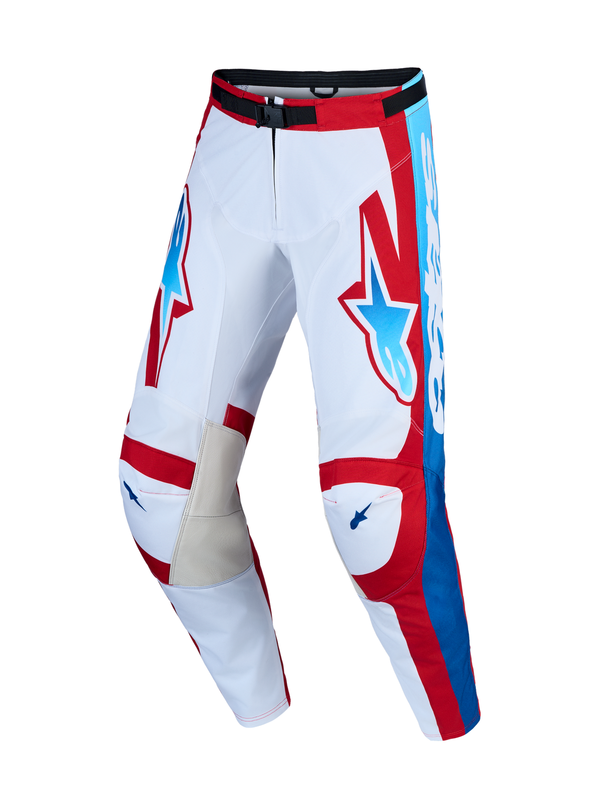 Alpinestars Racer Hunt Hose und Gear Set, Motocross-Hose für Herren, Weiß und Rot mit blauen Akzenten, Leder-Innenknieeinsätze, Rennpassform.