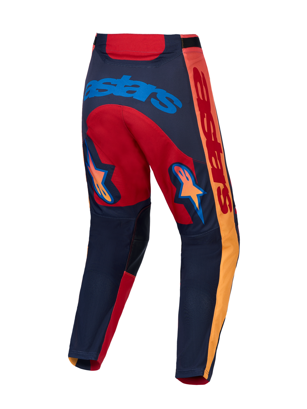 Alpinestars Racer Hunt Hose, Motocross-Hose in Rot und Grau, Rückansicht mit Stern-Grafiken und Stretch-Ripstop-Einsätzen.
