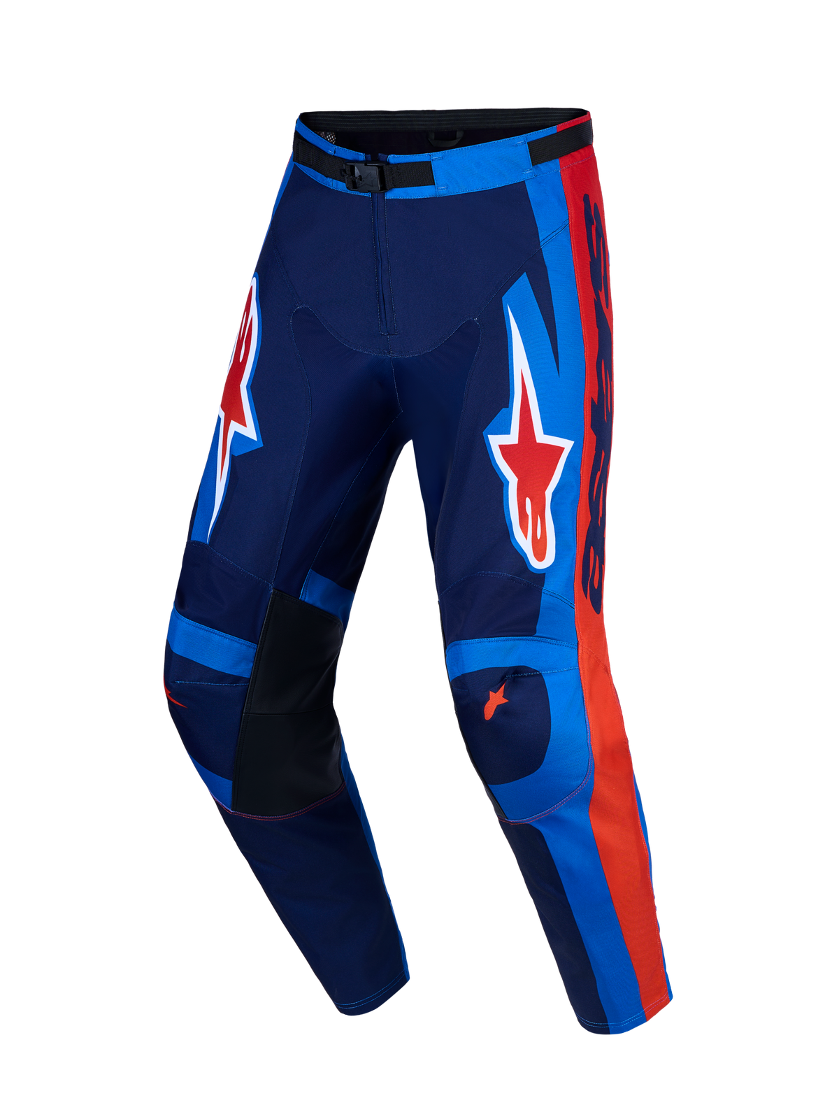 Alpinestars Racer Hunt Pants, Motocross-Rennhose in Dunkelblau und Rot, ergonomische Passform mit A-Star-Grafiken.