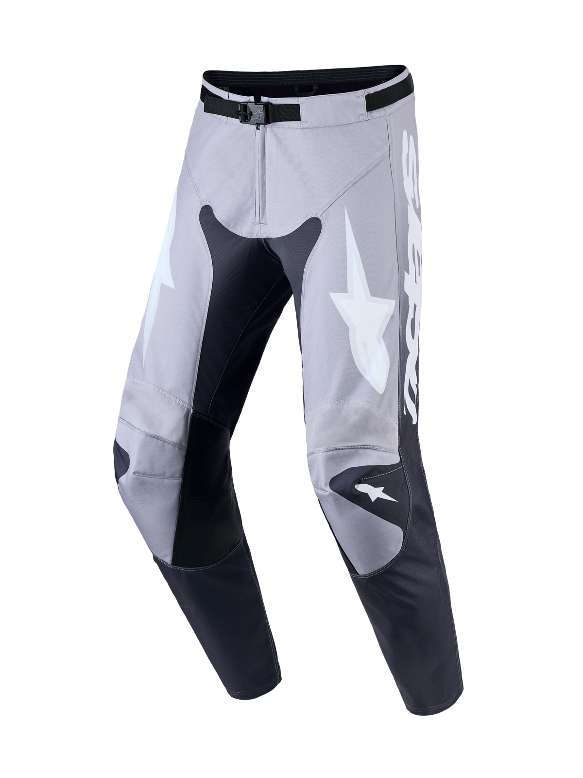 Alpinestars Racer Amber Hose, Herren-Motocrosshose, Grau und Helllila, aus 600D-Polygewebe mit Knieeinsätzen aus Leder.