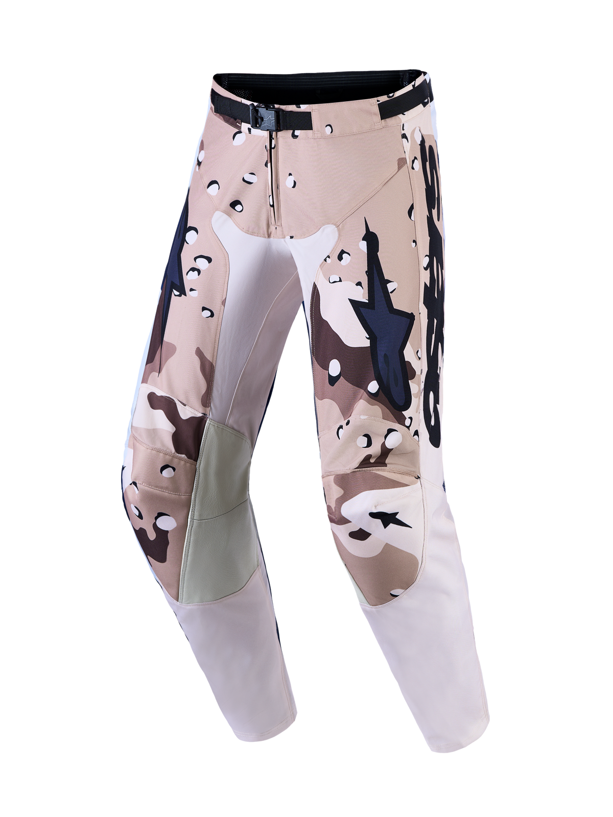 Alpinestars Racer Lone Motocross Pants in tan and brown desert camouflage, for off-road riding with leather knee protection.