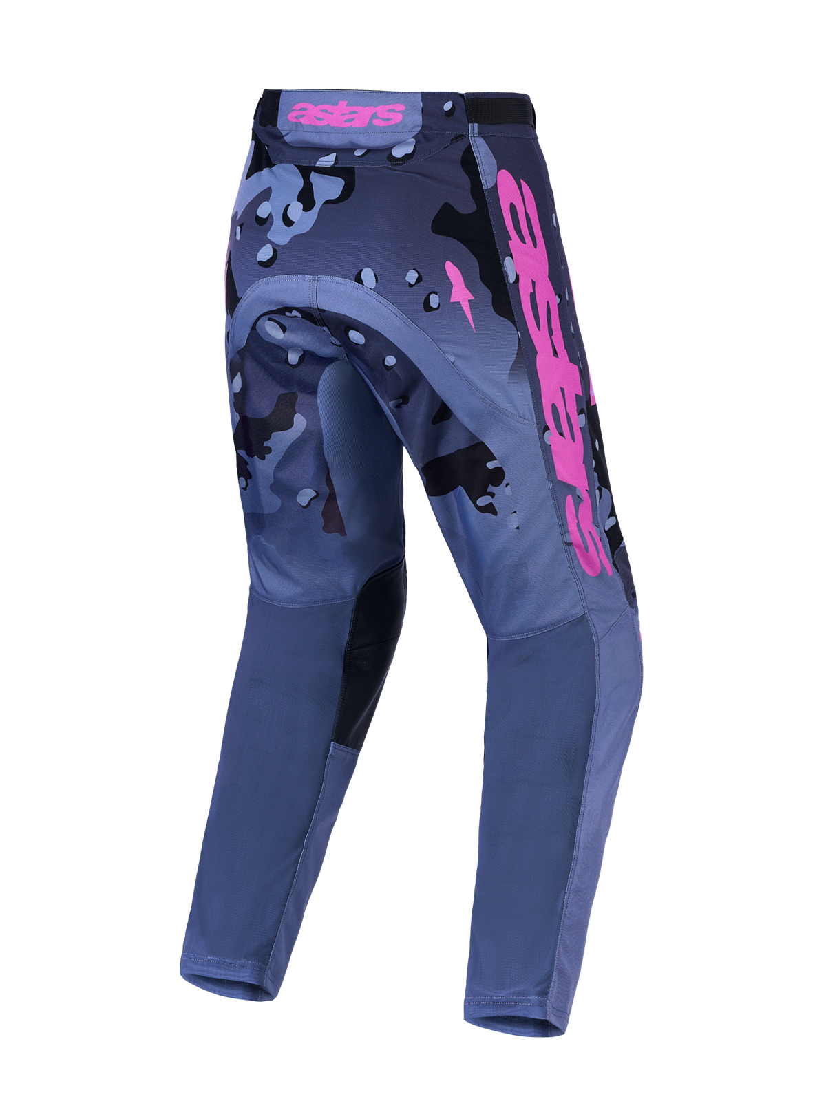 Alpinestars Racer Lone Hose und Gear Set, Herren-Motocross-Hose, Grau-Camo und Lila, robustes Polygewebe, Rückansicht.