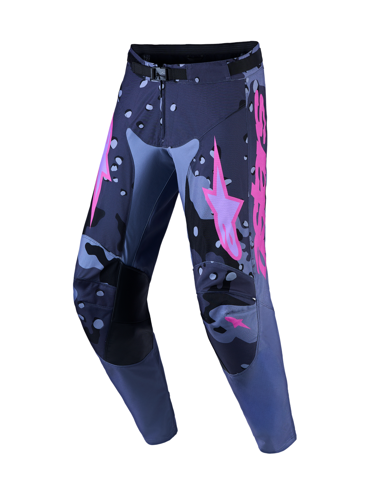 Alpinestars Racer Lone Motocross-Hose, Herren, Grau-Camo und Lila, strapazierfähiges Polygewebe, vorgeformte Beine.