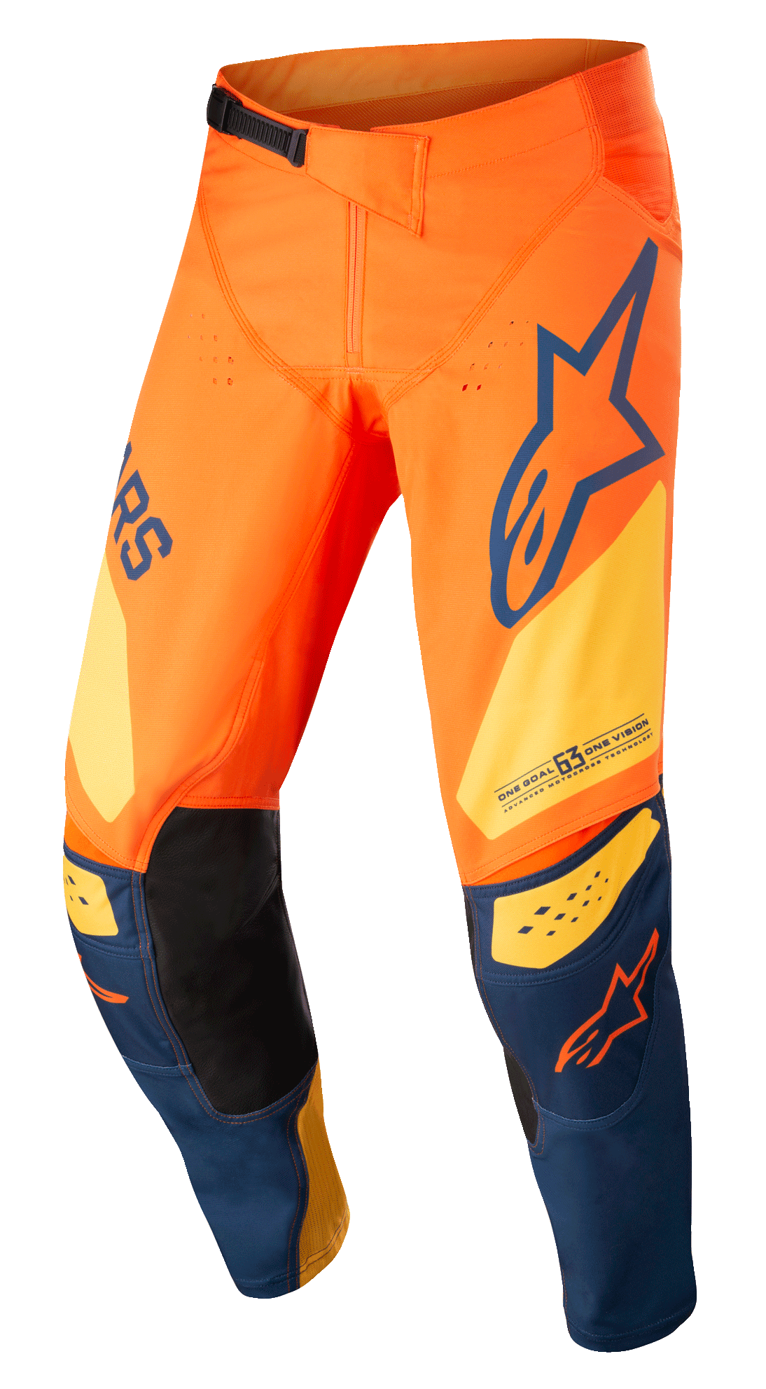 Alpinestars Techstar Factory Pants, Motocross Pants, Orange and Dark Blue with Warm Yellow, featuring bold branding, 3D Babel knee construction with black leather inner patches, and an adjustable waist ratchet system for off-road racing.