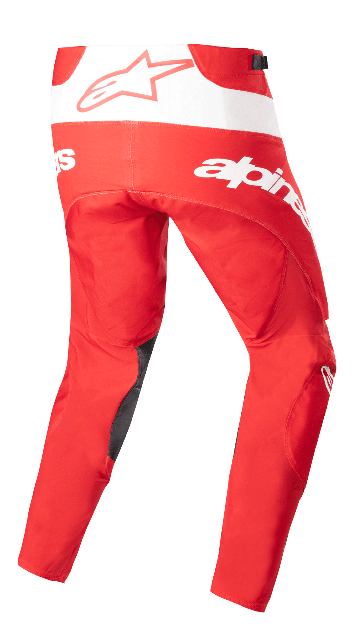 Alpinestars 2023 Techstar Arch Pants, Motocross Pants, Mars Red and White, rear view featuring bold white branding and star logo, dark inner leg reinforcements, technical design for off-road performance