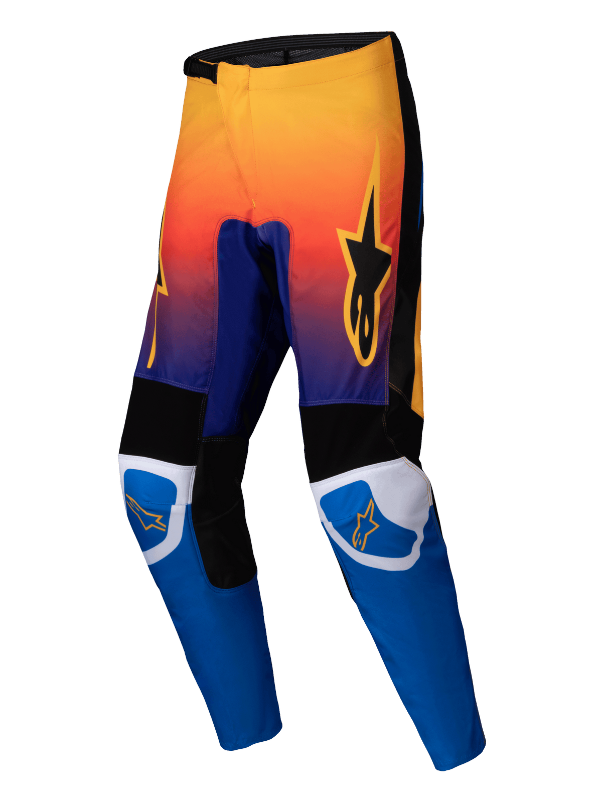 Alpinestars 2025 Fluid Wurx Hose, Motocross-Hose, Mehrfarbig mit einem Farbverlauf von Orange nach Violett oben und hellblauen Unterschenkeln, mit schwarz-weißen verstärkten Einsätzen, orangefarbenem Stern-Logo auf den Oberschenkeln und Knien, strapazierfähiges Offroad-Renndesign