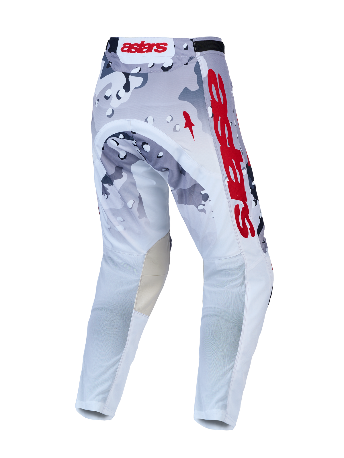 Alpinestars Racer Air Lone Motocrosshose, belüftet, Grau und Weiß mit Camouflage-Muster, rotes Branding, Rückansicht.