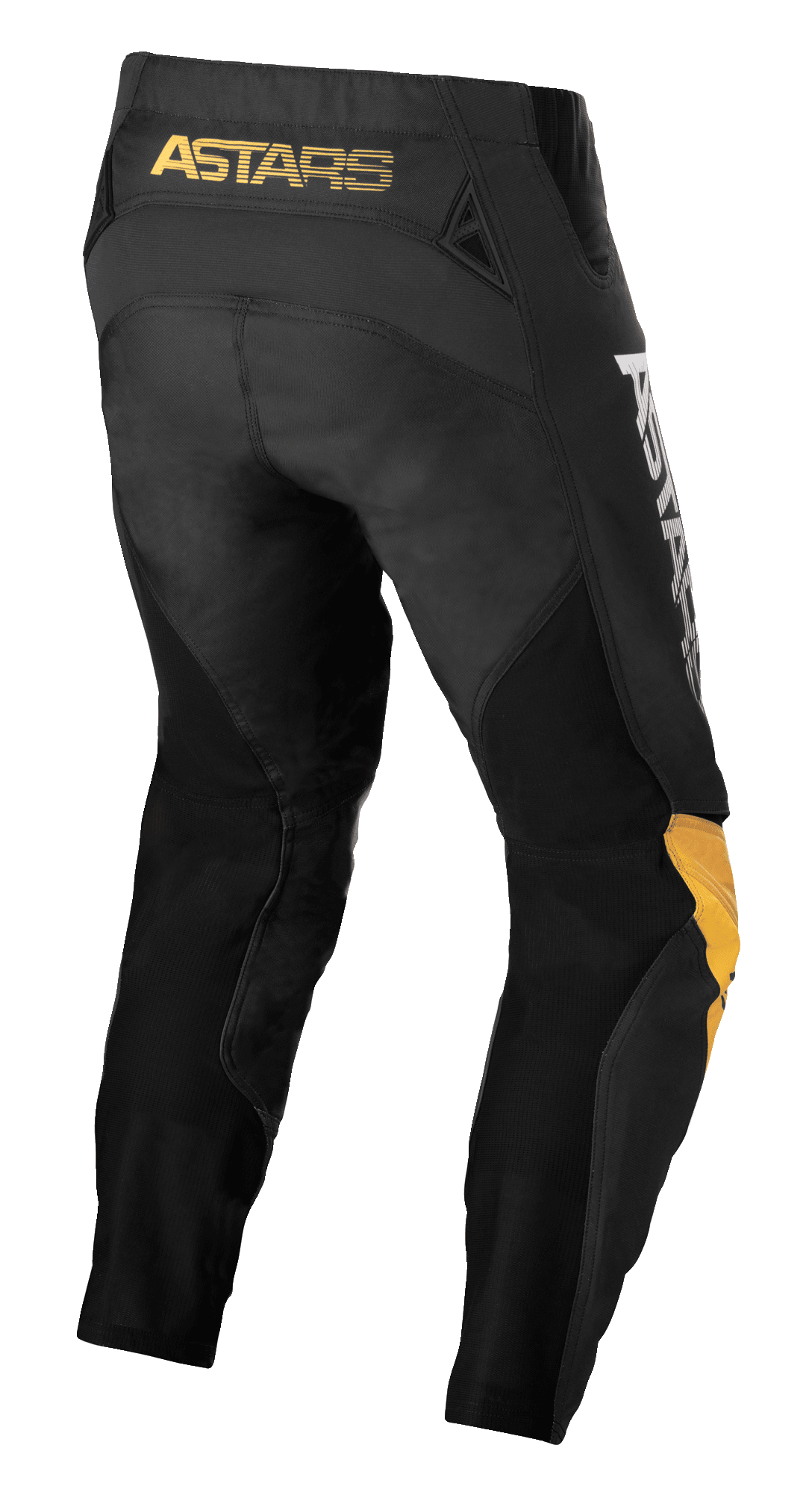 Alpinestars Techstar Quadro Hose, Motocross-Hose, Schwarz, Gelb und Tangerine, Rückansicht mit gelbem „ASTARS“-Branding am Bund, schwarzen Mesh-Einsätzen zur Belüftung und ergonomischen Knieeinsätzen in Gelb und Tangerine für Langlebigkeit beim Offroad-Rennsport.