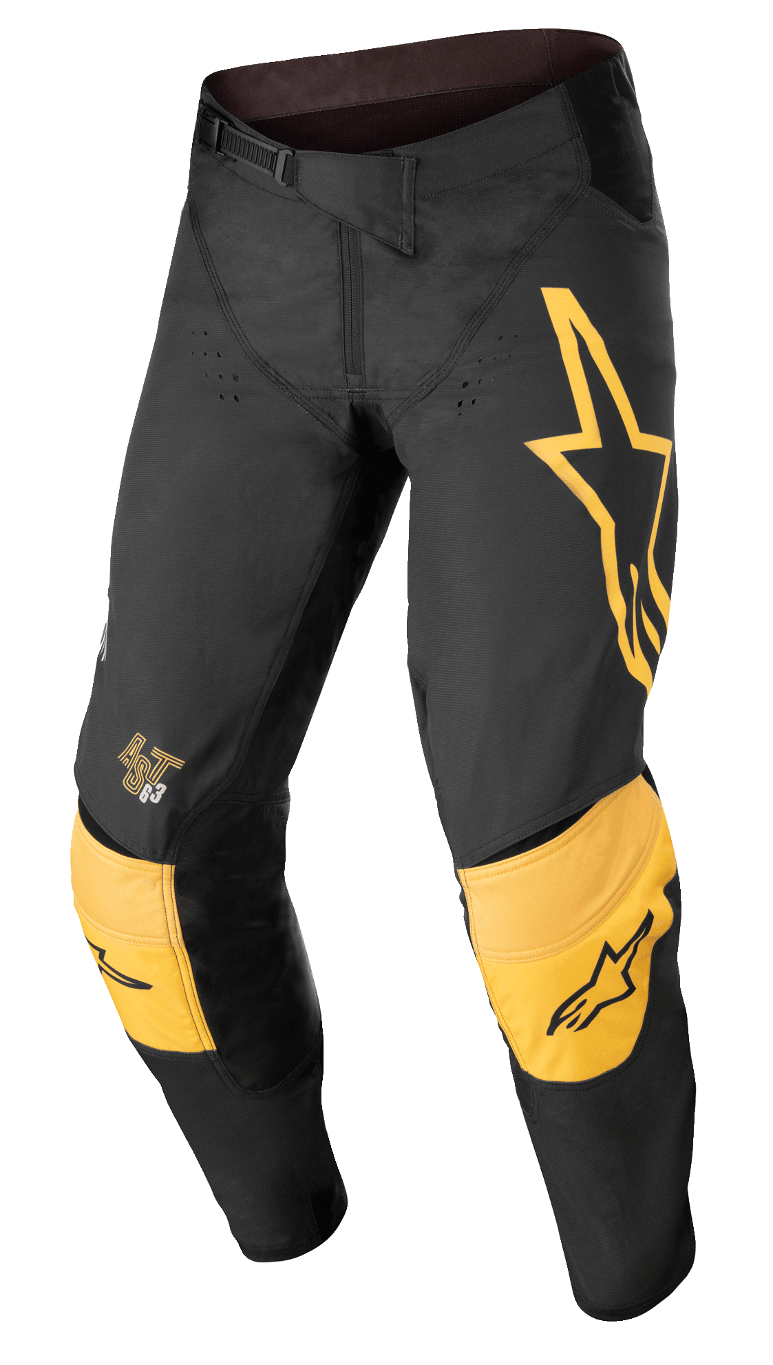 Alpinestars Techstar Quadro Hose, Motocross- und Offroad-Hose, Schwarz und Gelb mit Akzenten in Tangerine, großes gelbes Stern-Logo am linken Oberschenkel, verstärkte gelbe Kniepolster mit schwarzen Logos, Belüftungsöffnungen und ein sicherer Ratschenverschluss an der Taille für eine hochleistungsfähige Rennpassform