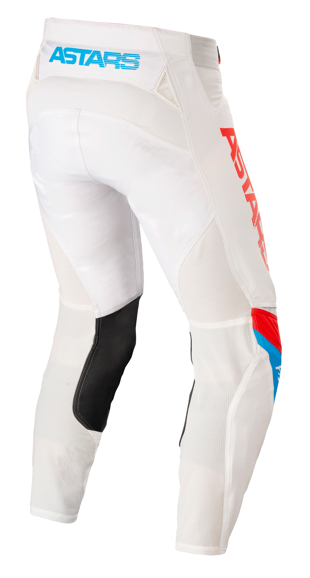 Alpinestars Techstar Quadro Hose, Motocross-Hose, Off-White, Blau, Neon, Hellrot, Rückansicht mit hellblauem 'ASTARS'-Logo am Bund, Mesh-Belüftungseinsätzen, schwarzem Lederbesatz an der Beininnenseite und auffälligem roten Branding an der Seite.