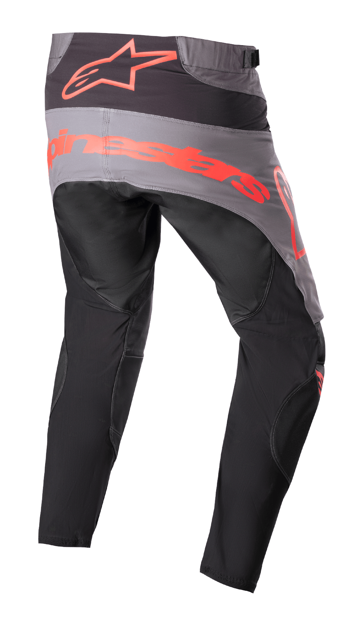 Alpinestars 2023 Techstar Sein Hose, Motocross-Hose, Schwarz und Neonrot, Rückansicht mit grauem Gesäßbereich und großem neonroten Branding, ergonomisch vorgeformte Beine und strapazierfähige Textilkonstruktion für Offroad-Performance.