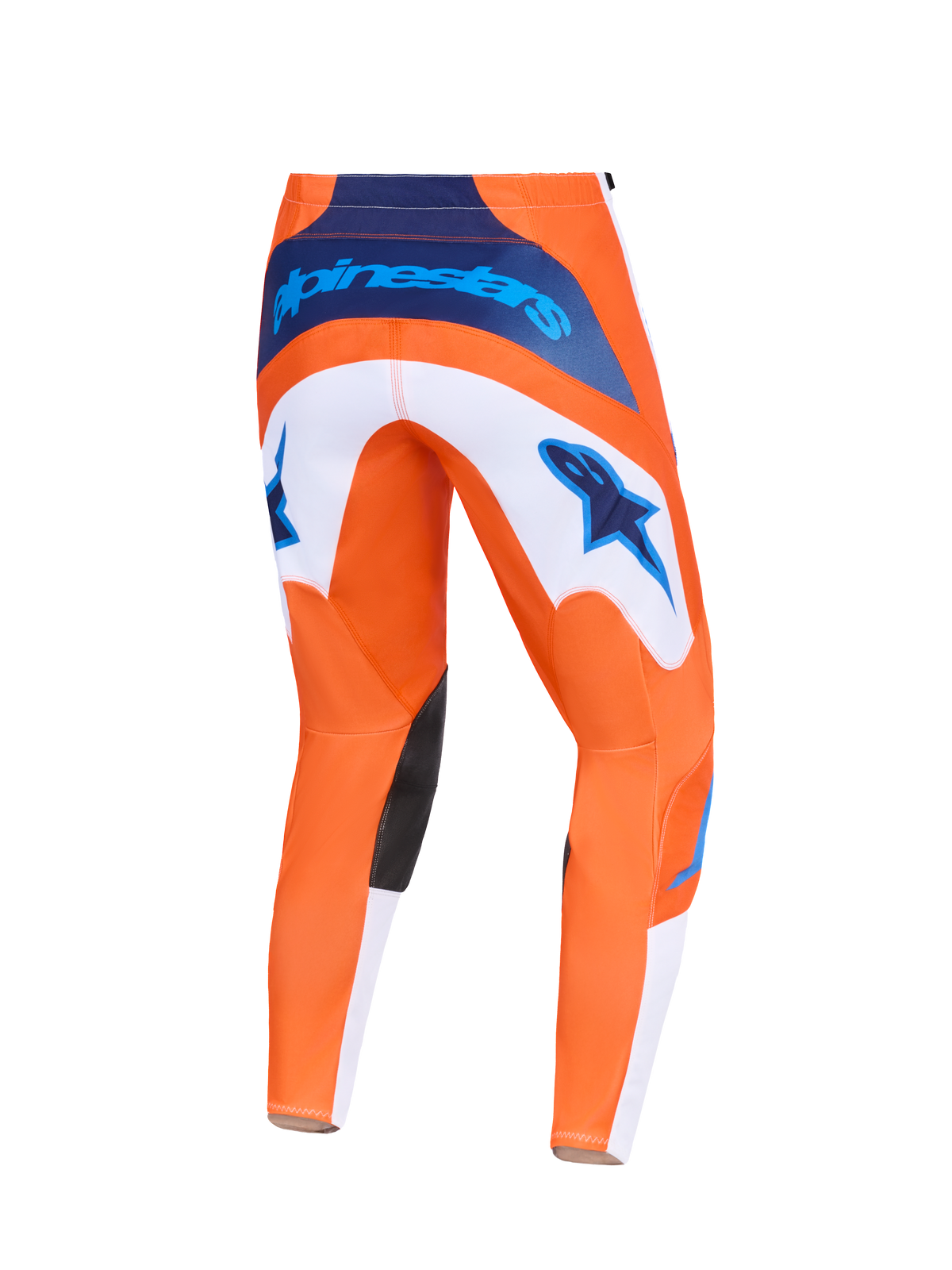 Alpinestars 2026 Fluid Grid Hose, Motocross-Hose, Orange und UCLA Blau, Rückansicht mit weißen Einsätzen mit blauen Stern-Logos, dunkelblauem Branding am Bund und schwarzen Knieinnenseiten-Einsätzen, strapazierfähiges Design für Offroad-Rennsport