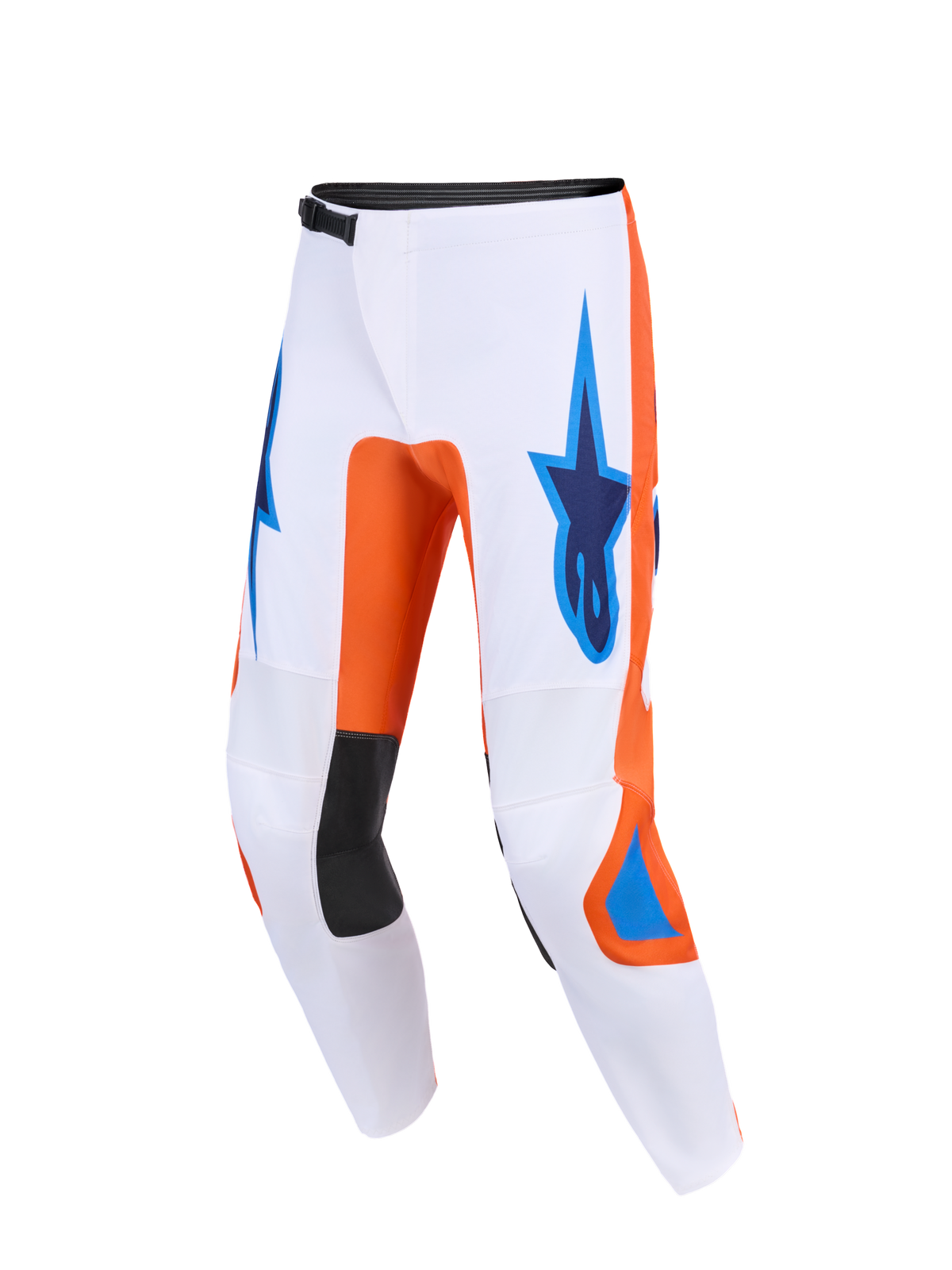 Alpinestars 2026 Fluid Grid Hose, Motocross-Hose, Weiß mit orangen und UCLA-blauen Akzenten, mit blauen Astars-Logos auf den Oberschenkeln, schwarzen Knie-Innenpaneelen und einem technischen ergonomischen Design für Offroad-Performance