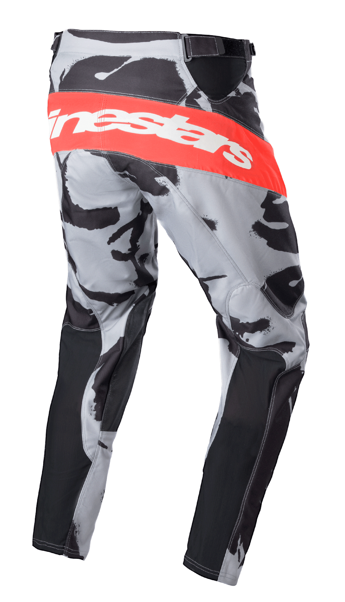 Alpinestars 2023 Racer Tactical Hose, Motocross-Hose, Cast Gray Camo und Mars Red, breites rotes horizontales Band mit weißem Alpinestars-Logo auf der Rückseite, Camouflage-Muster mit schwarzen Paneelen, sportliches Design für Motocross-Rennsport