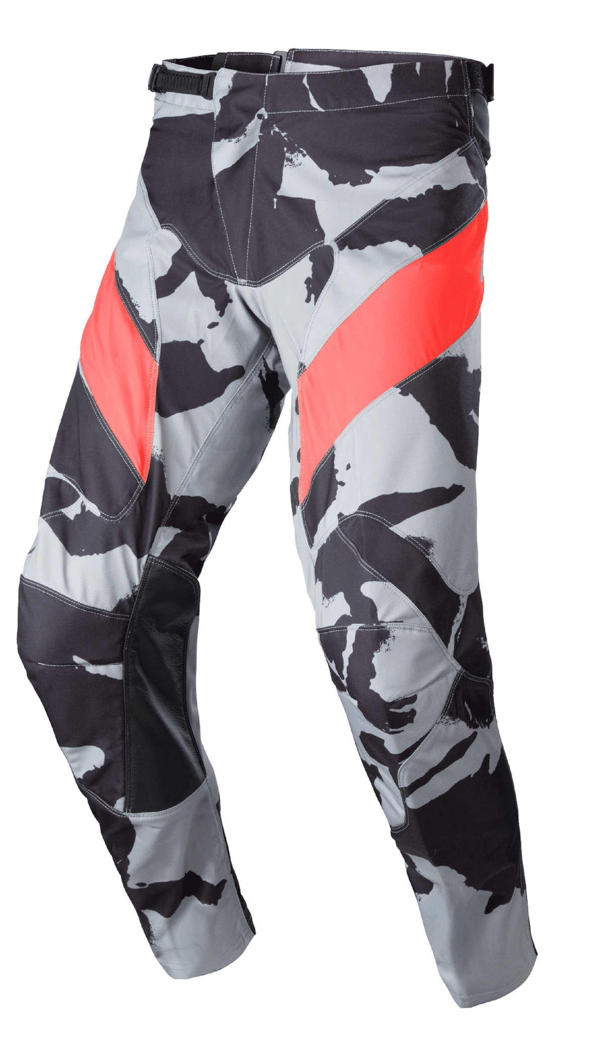 Alpinestars 2023 Racer Tactical Pants, Motocross Off-Road Pants, Cast Gray Camo and Black pattern with Mars Red diagonal accents, leather reinforced inner-leg panels, ratchet waist closure, ergonomic pre-curved design for off-road riding