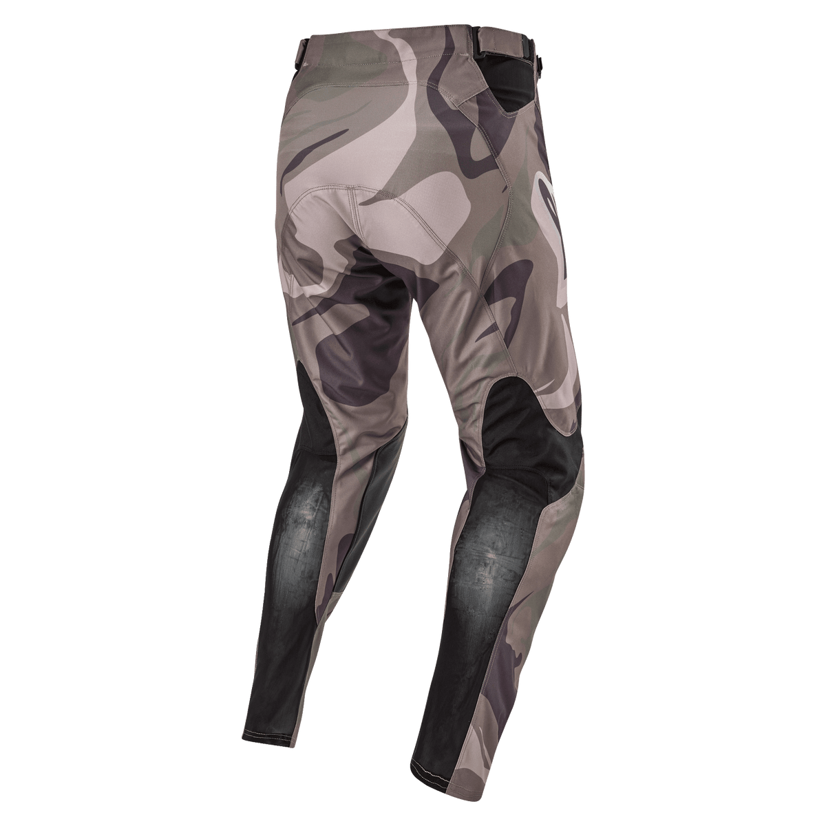 Alpinestars 2024 Racer Tactical Hose, Motocross-Hose, Military Green Camo Brown, Rückansicht mit schwarzen atmungsaktiven Stretch-Einsätzen an den Unterschenkeln und Camouflage-Design, strapazierfähiges Textil für Offroad-Rennsport