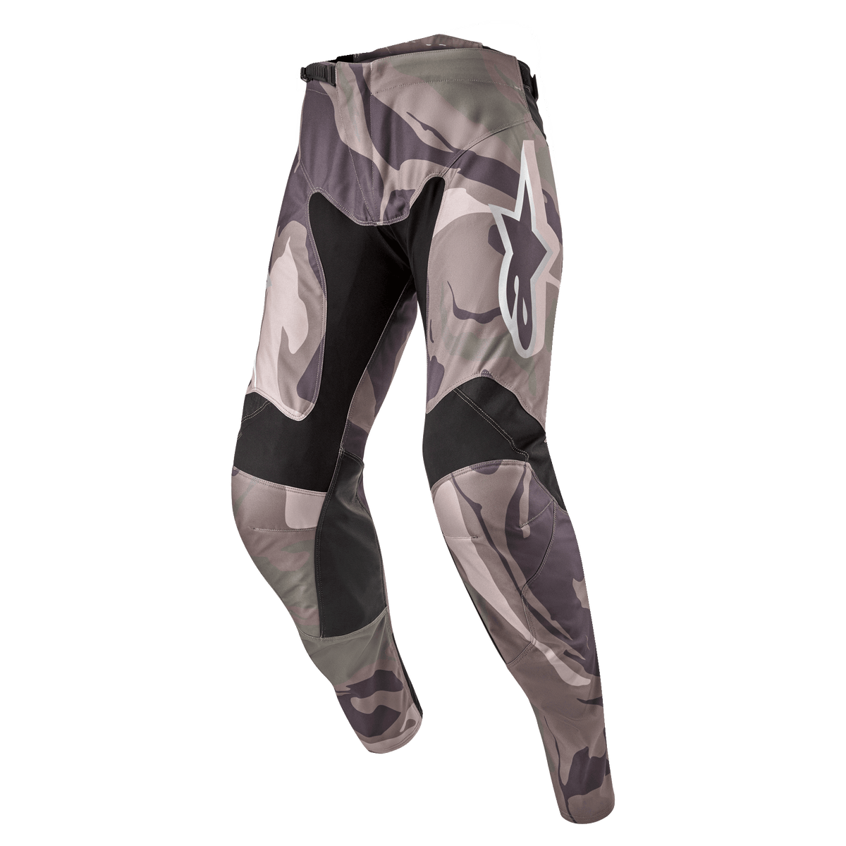 Alpinestars 2024 Racer Tactical Hose, Motocross-Hose, Military Green Camo Brown Tarnmuster, schwarze Stretcheinsätze an Oberschenkelinnenseiten und Knien, weißes Alpinestars-Logo am Oberschenkel, ergonomisches vorgeformtes Design für Offroad-Rennen