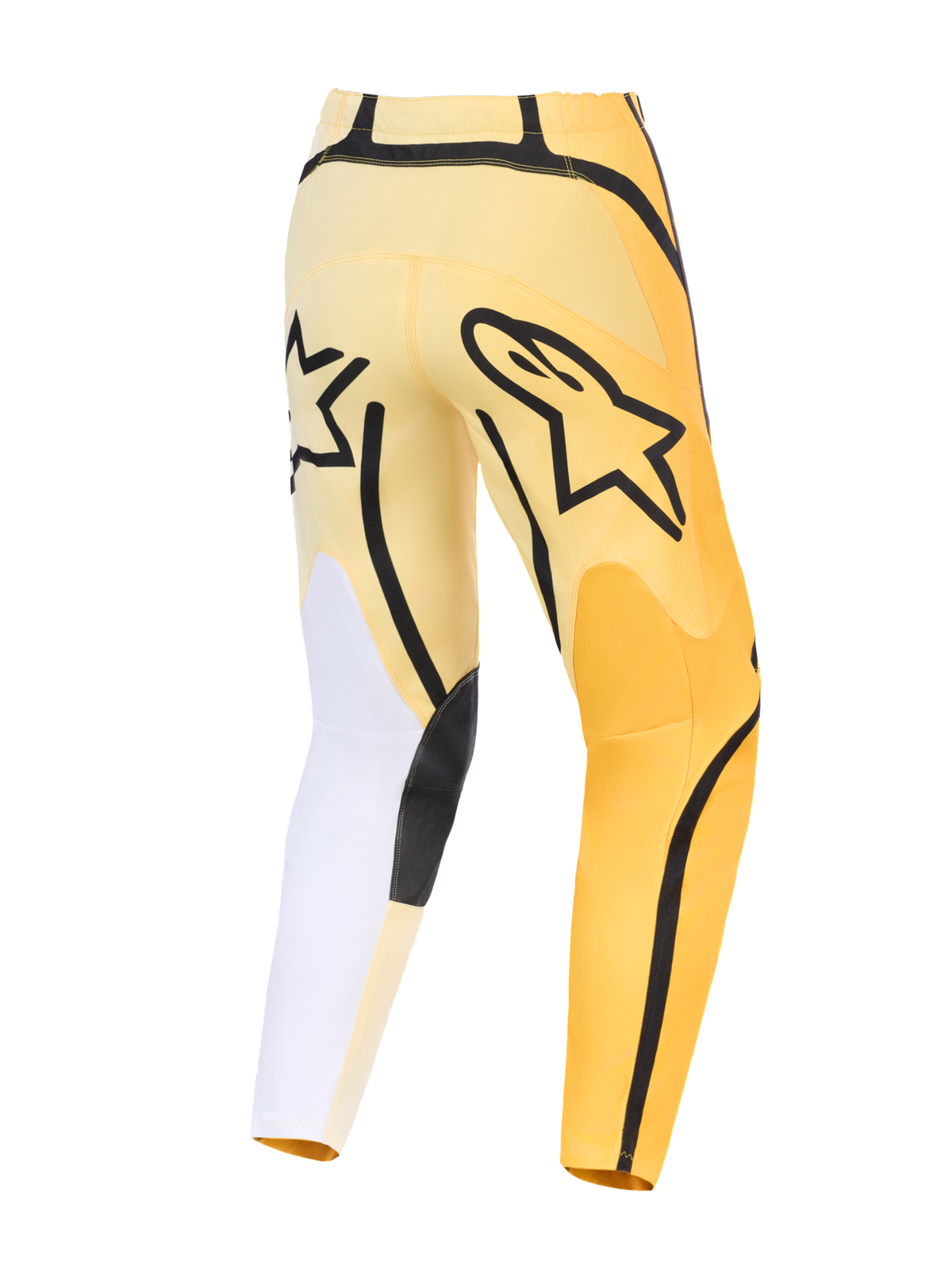 Alpinestars 2026 Fluid Apex Hose, Motocross-Hose, Gelb und Schwarz mit weißen Akzenten, Rückansicht mit markantem schwarzem Astars-Logo, asymmetrisches Design mit strapazierfähigen verstärkten Einsätzen und vorgeformter Passform.
