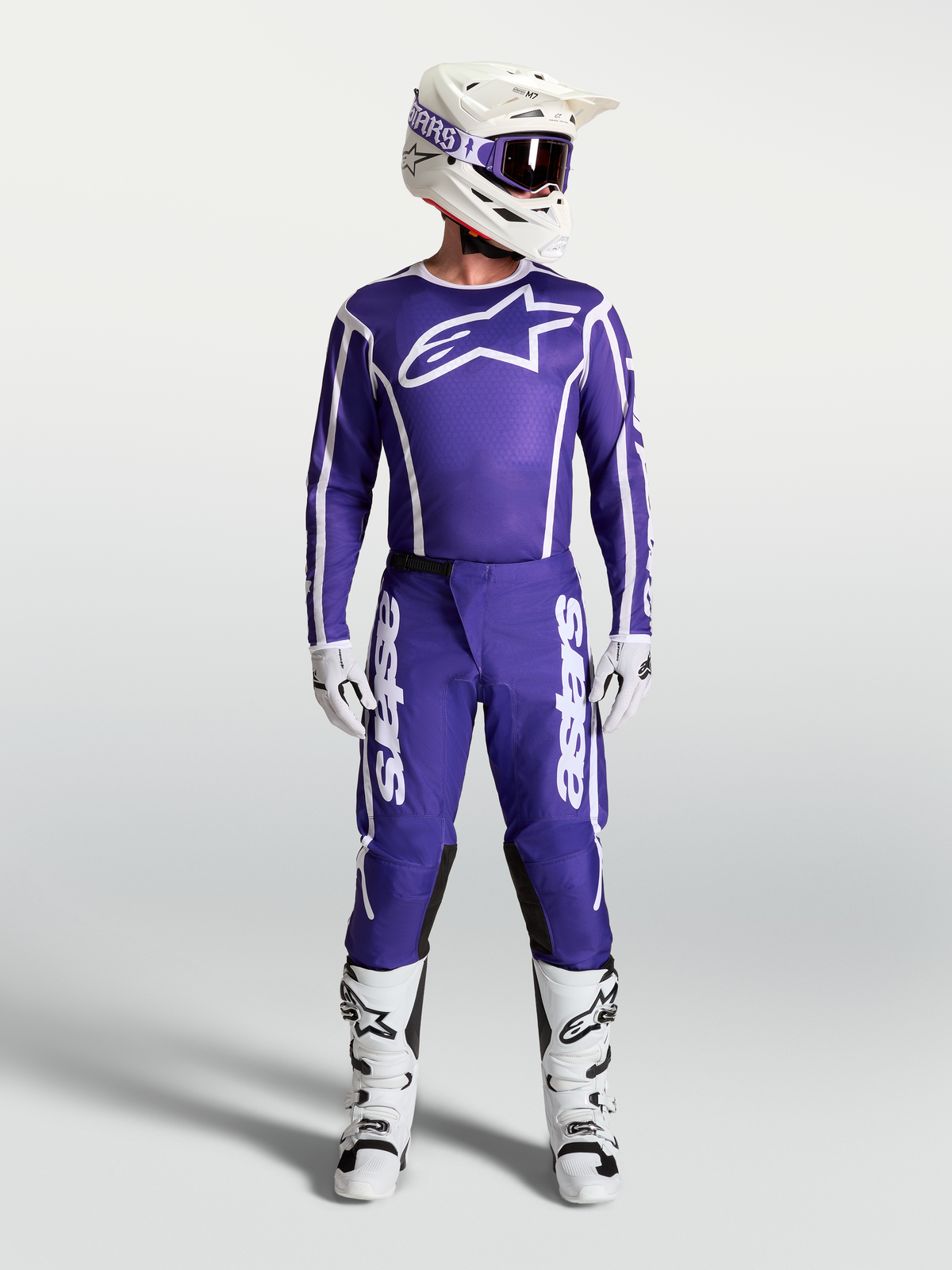 Alpinestars Fluid Apex V2 Pants, Deep Blue and White men's motocross pants shown with matching racing jersey and boots.