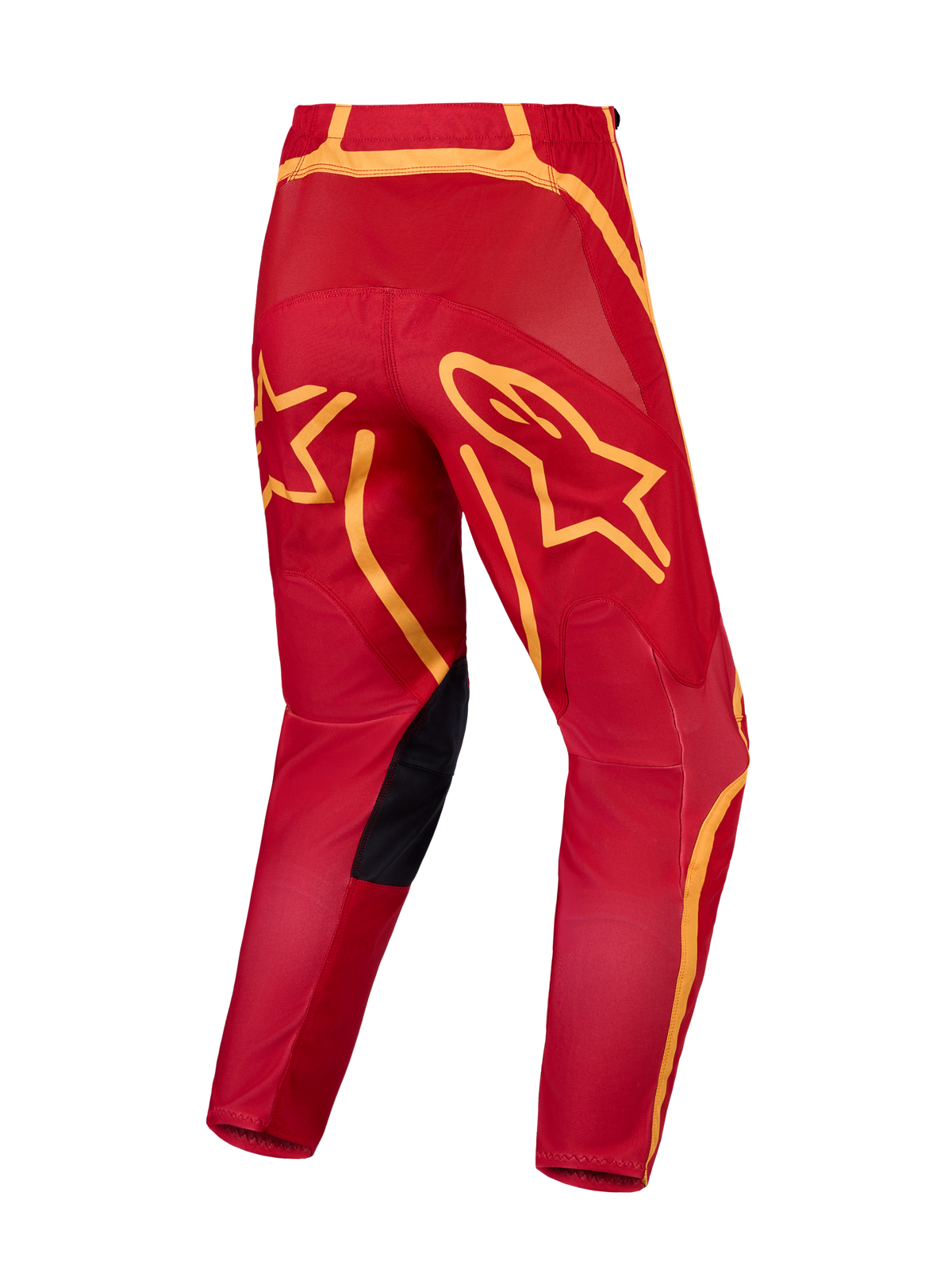 Alpinestars Fluid Apex V2 Hose, Herren-Motocross-Hose, Rot und Gold, Rückansicht mit verstärktem Sitz und Sterngrafiken.