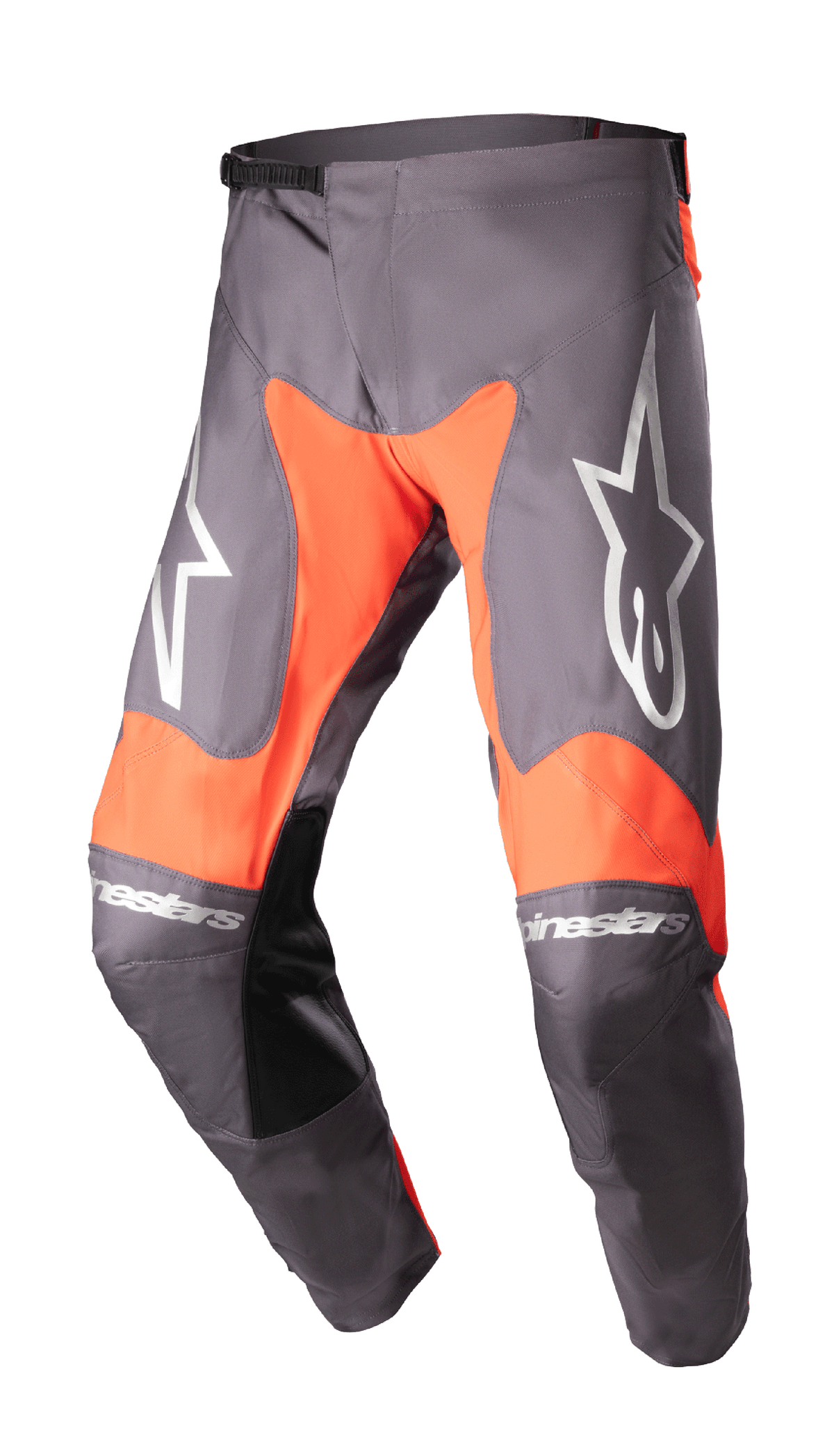 Alpinestars 2023 Racer Hoen Pants, Motocross Racing Pants, Magnet and Hot Orange, large white star logos on thighs, black leather inner-knee panels, ratchet waist adjustment, durable construction for off-road racing