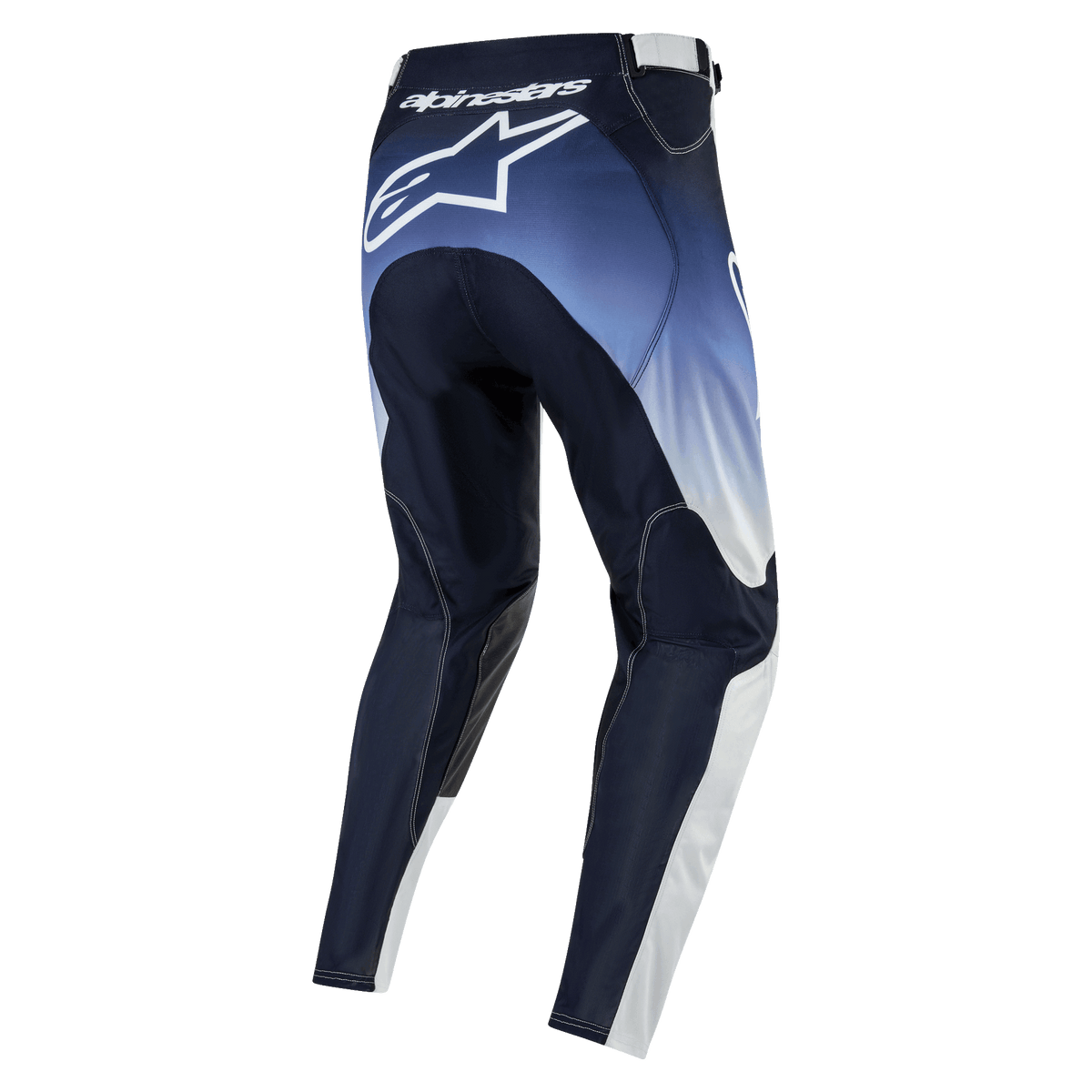 Alpinestars 2024 Racer Hoen Hose, Motocross-Hose, Dunkelblau, Hellblau und Weiß, Rückansicht mit Alpinestars-Logo, strapazierfähige Offroad-Bekleidung