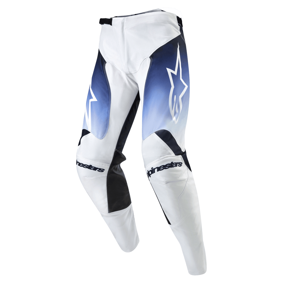 Alpinestars 2024 Racer Hoen Hose, Motocross-Hose, Weiß mit Dunkelblau und Hellblau, strapazierfähiges Material, Ratschenverschluss, Alpinestars-Logo auf den Knien, Hochleistungs-Offroad-Ausrüstung