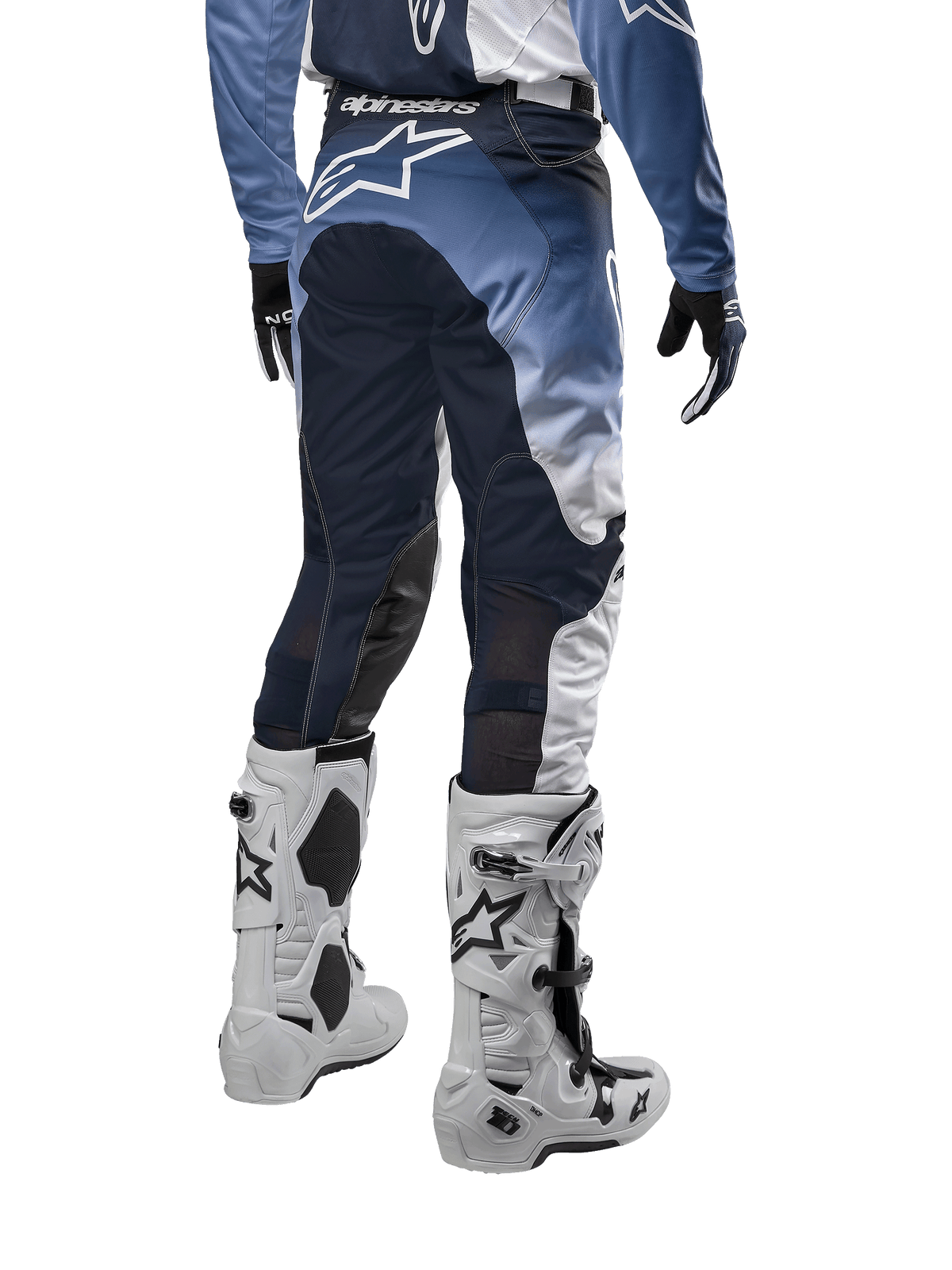 Alpinestars 2024 Racer Hoen Hose, Motocross-Hose in Weiß, Dunkelblau und Hellblau, Rückansicht, strapazierfähiges Material mit ergonomischem Design, ideal für Offroad-Rennsport