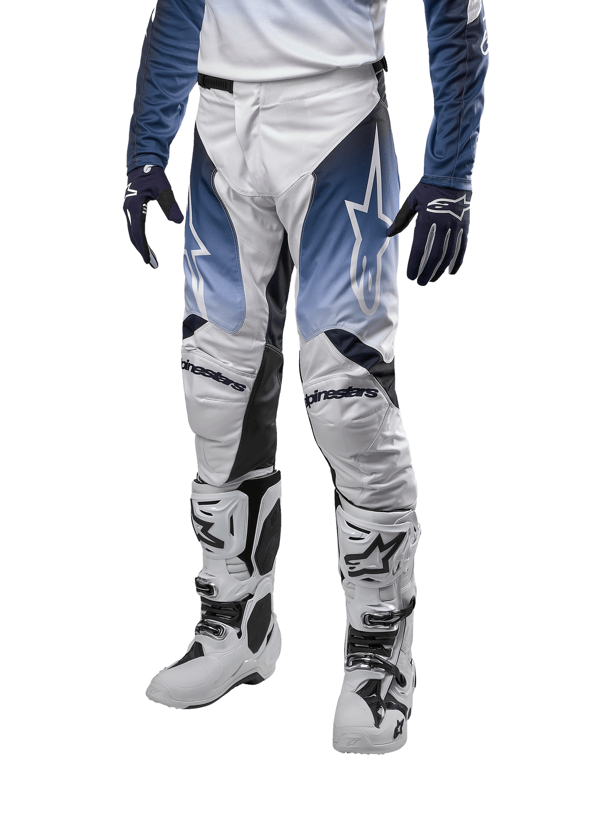Alpinestars 2024 Racer Hoen Hose, Motocross-Hose, Weiß, Dunkelblau und Hellblau, ergonomische Passform, strapazierfähige Offroad-Bekleidung, sportliches Design