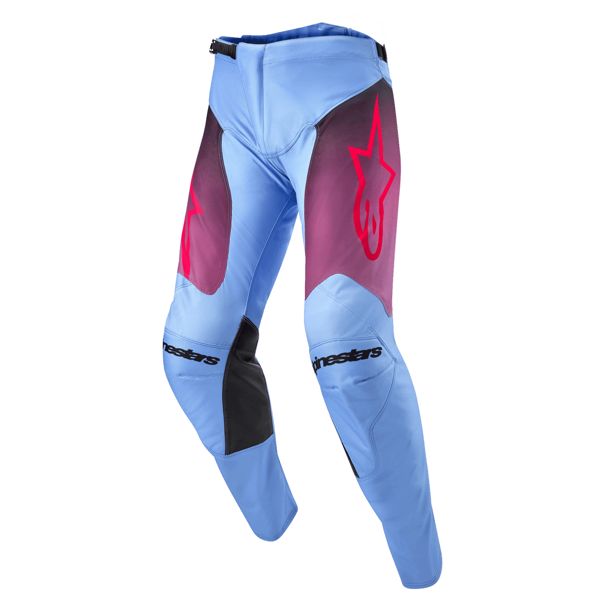 Alpinestars 2024 Racer Hoen Hose, Motocross-Hose, Lavan Lila und Schwarz, hellblau-lavendelfarbenes Chassis mit lila Farbverlauf an den Oberschenkeln und pinkfarbenem Stern-Logo, schwarze Knie-Innenpanele, vorgeformtes ergonomisches Design für Offroad-Performance