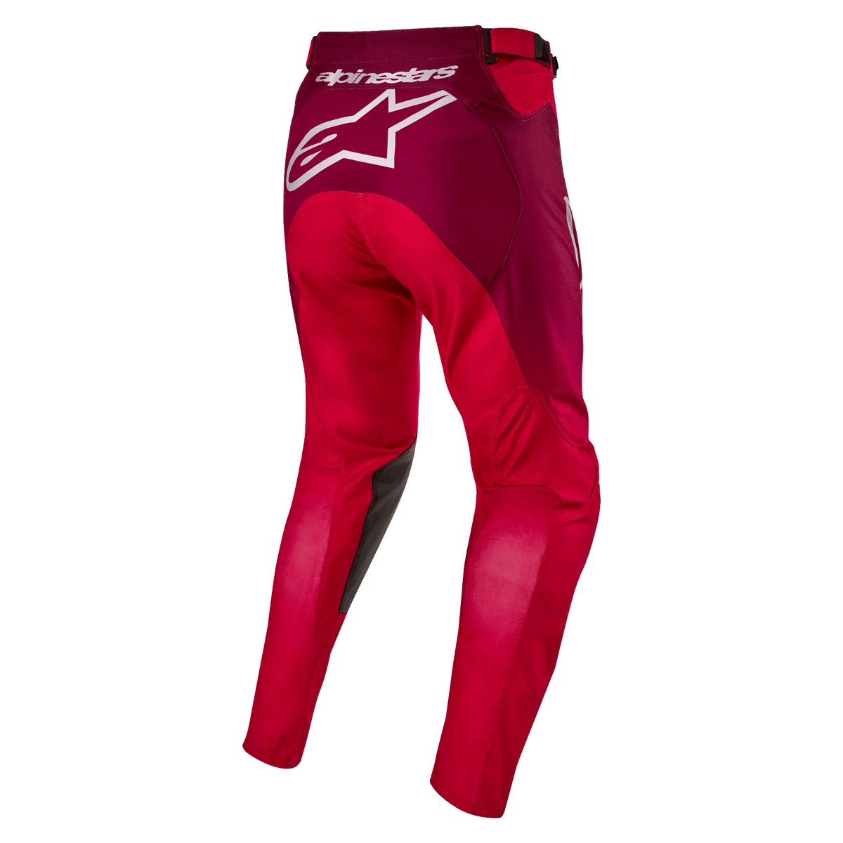 Alpinestars 2024 Racer Hoen Hose, Motocross-Hose, Mars Rot und Burgund, Rückansicht mit großem weißem Alpinestars-Logo auf dem Gesäß, ergonomische, vorgeformte Beinkonstruktion, strapazierfähiges Textilmaterial für Offroad-Rennsport