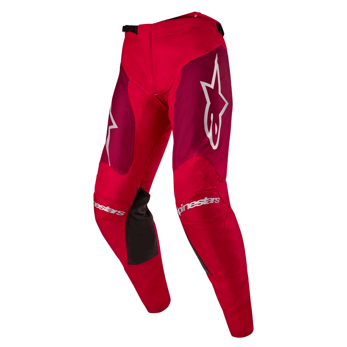Alpinestars 2024 Racer Hoen Hose, Motocross-Hose, Mars Red Burgund, mit burgunderroten Oberschenkel-Panels und weißem Alpinestars-Branding an den Knien und Hüften, schwarze Knie-Grip-Einsätze auf der Innenseite, sportliches, vorgeformtes Design für Offroad-Performance