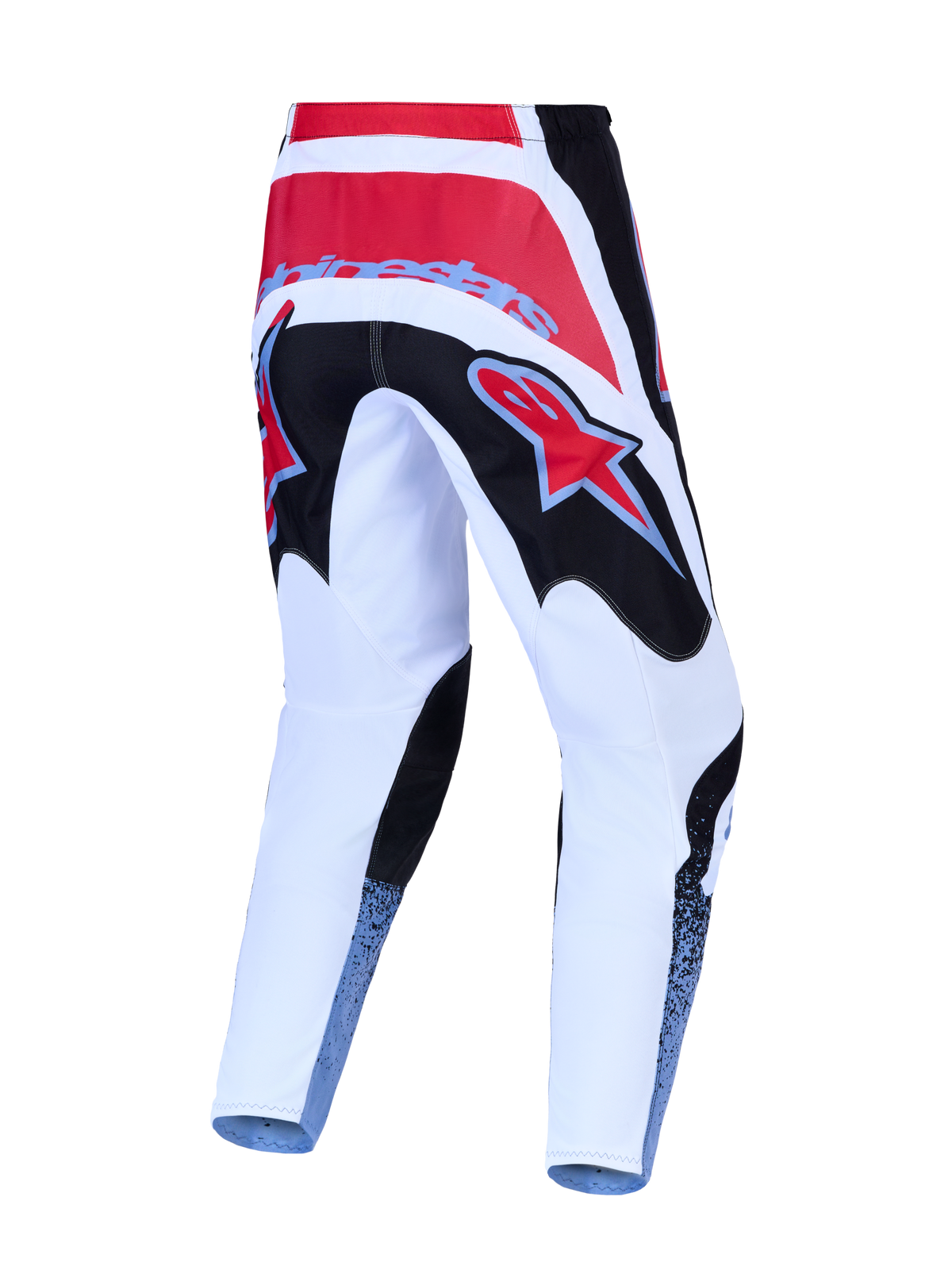 Alpinestars Fluid Drag Motocross-Hose, Rückansicht in Rot, Weiß und Schwarz, strapazierfähige 600D-Polygewebe-Konstruktion, ideal für MX und Geländefahrt.
