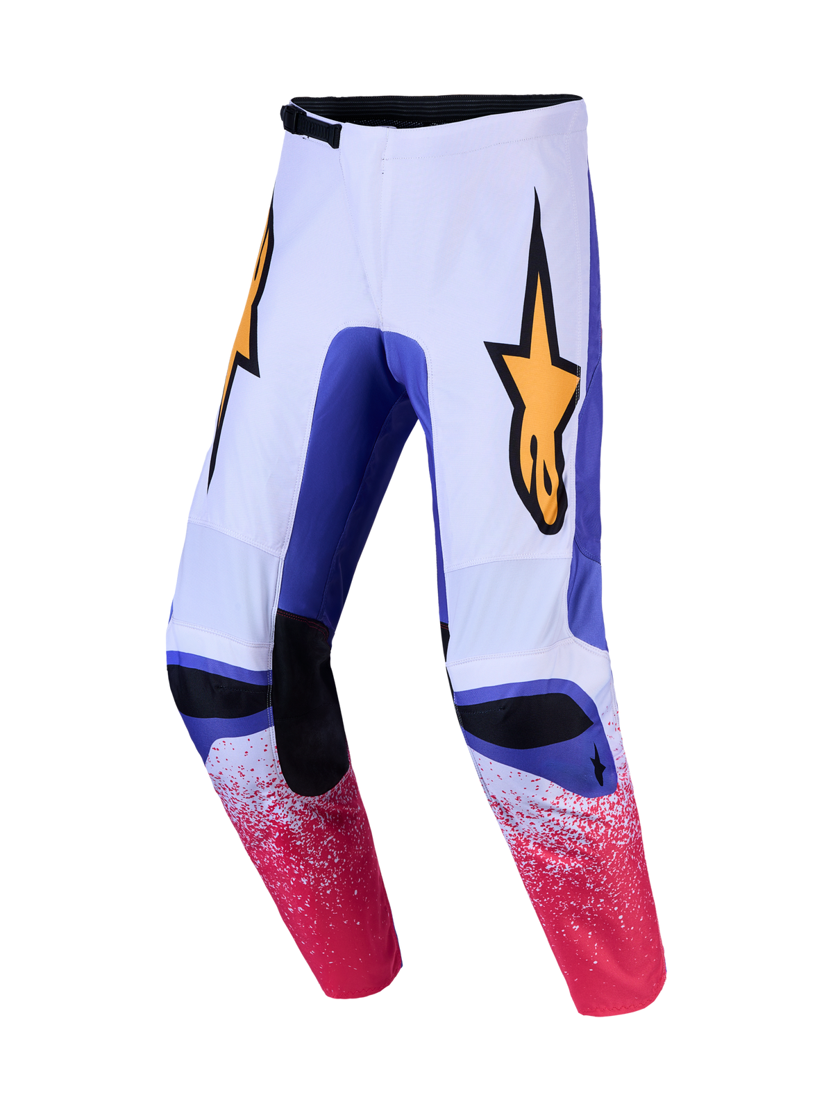 Alpinestars Fluid Drag Motocross-Hose in Weiß und Blau mit pinken gesprenkelten Grafiken und gelbem Stern-Logo.