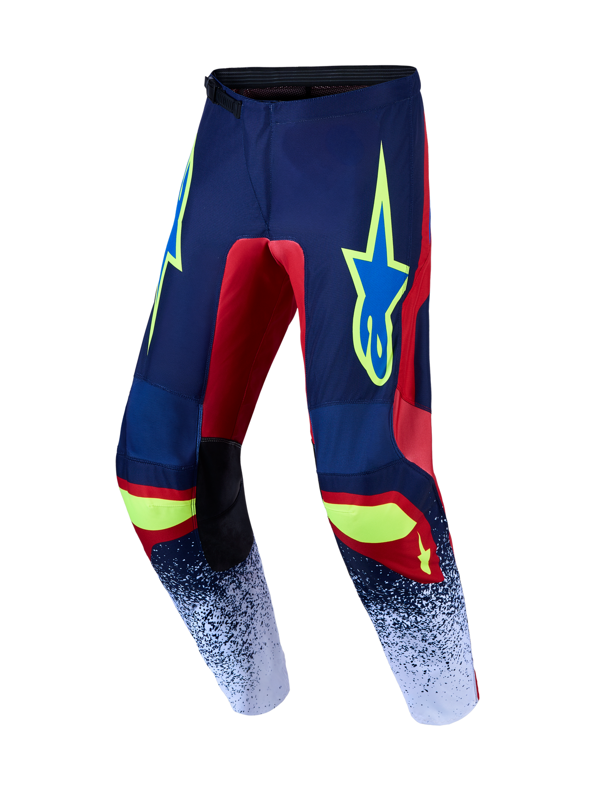 Alpinestars 2027 Fluid Drag Motocross Hose, Offroad-Rennhose, Navy-Blau und Rot mit neongelben Akzenten, schützendes Polygewebe