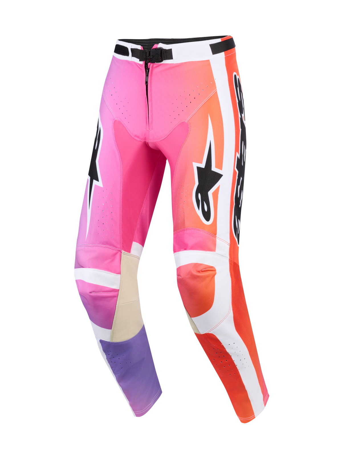 Alpinestars 2026 Racer Air Portl Hose, Motocross-Hose, mehrfarbig in Pink, Orange und Lila mit weißen Seitenpaneelen, schwarzen Alpinestars-Logos, perforierten Zonen zur Belüftung und beigefarbenen Lederverstärkungen an der Knieinnenseite.