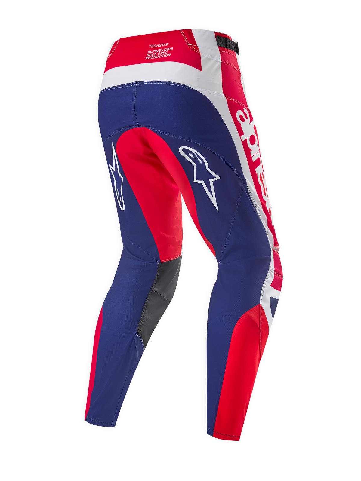 Alpinestars Limited Edition Techstar Fortitude Hose, Motocross-Hose, Hellrot Weiß Blau, Rückansicht mit blauen Gesäß- und Beinpartien, roten und weißen Akzenten, weißen Stern-Logos auf den Oberschenkeln und Techstar Race-Spec-Branding am Bund.