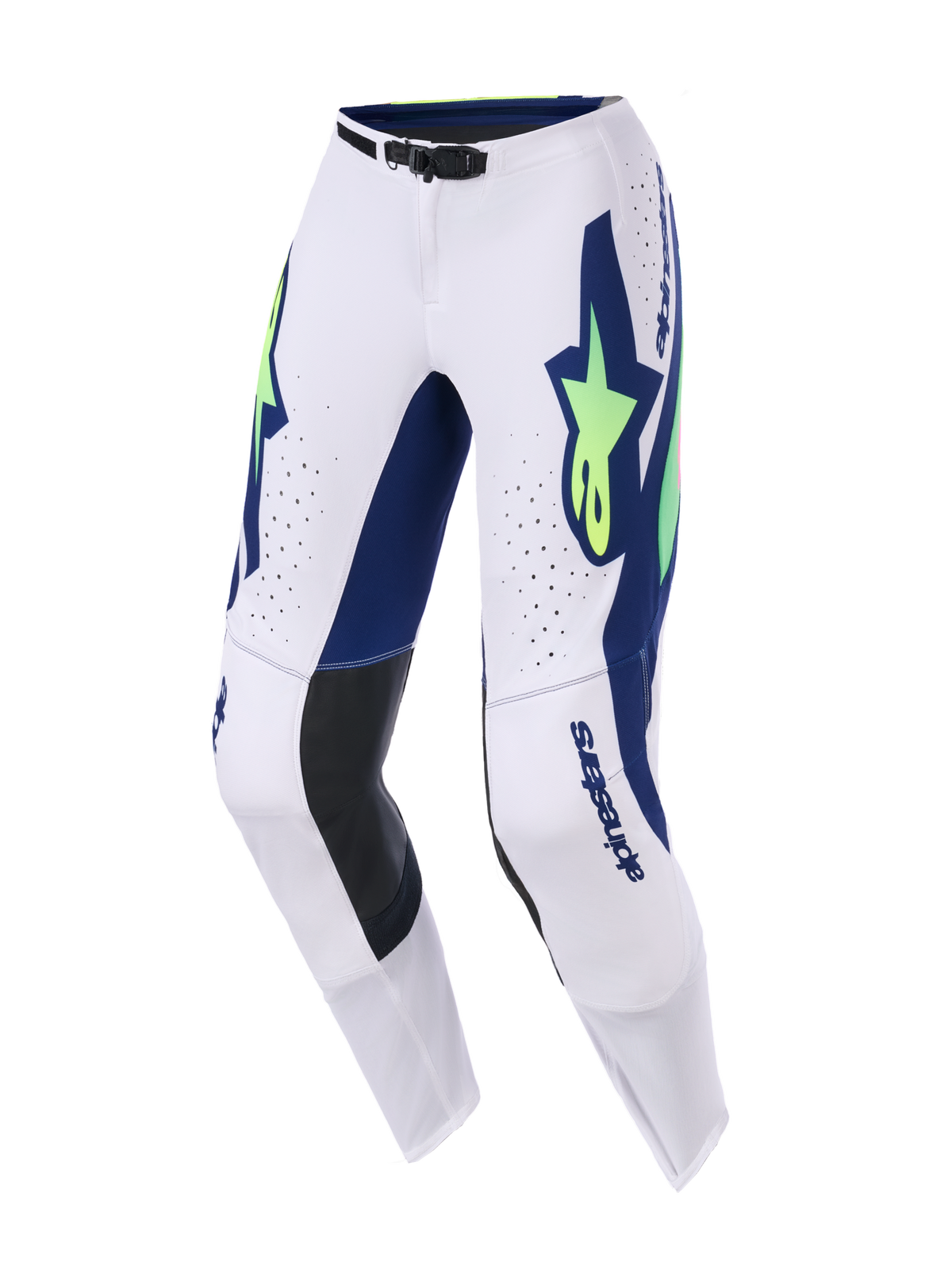 Alpinestars 2026 Supertech Vista Hose, Motocross-Hose, Hellgrau, Gelb Fluo und Blau, markante blaue Grafiken mit neongelben Stern-Logos, schwarze Leder-Innenknie-Panels, lasergeschnittene Belüftungslöcher, athletische Passform für Offroad-Performance