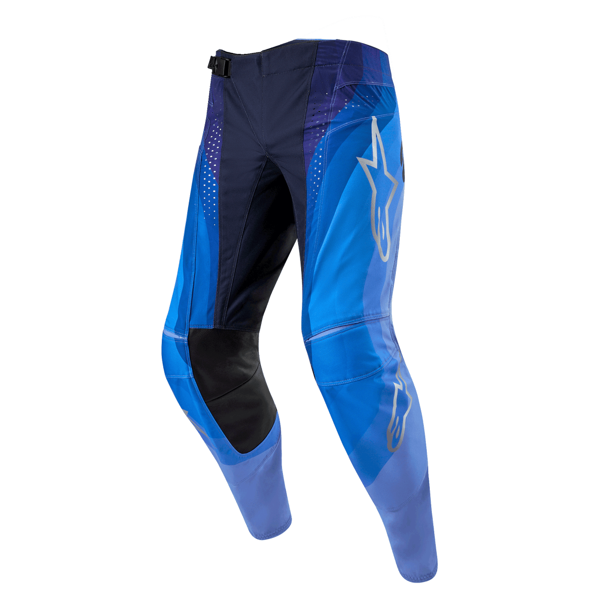 Alpinestars 2024 Techstar Pneuma Pants, Motocross Pants, Dark Navy and Light Blue, featuring a silver Alpinestars star logo on the thigh, black leather inner knee panels, and laser-cut ventilation perforations.
