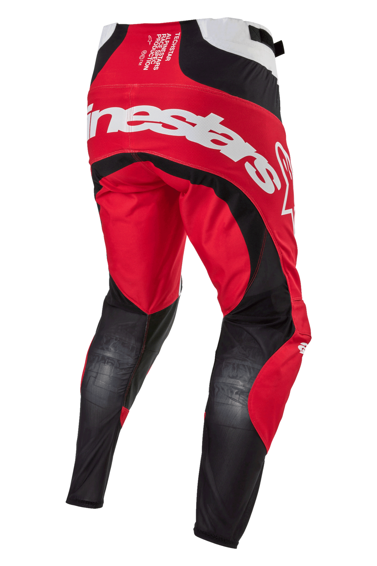 Alpinestars 2024 Techstar Ocuri Hose, Motocross-Hose, Mars Rot Weiß und Schwarz, Rückansicht mit großem weißen Alpinestars-Schriftzug auf dem Gesäß, atmungsaktiven schwarzen Mesh-Einsätzen an den Beinrückseiten und strapazierfähiger roter Textilkonstruktion für den Offroad-Rennsport.