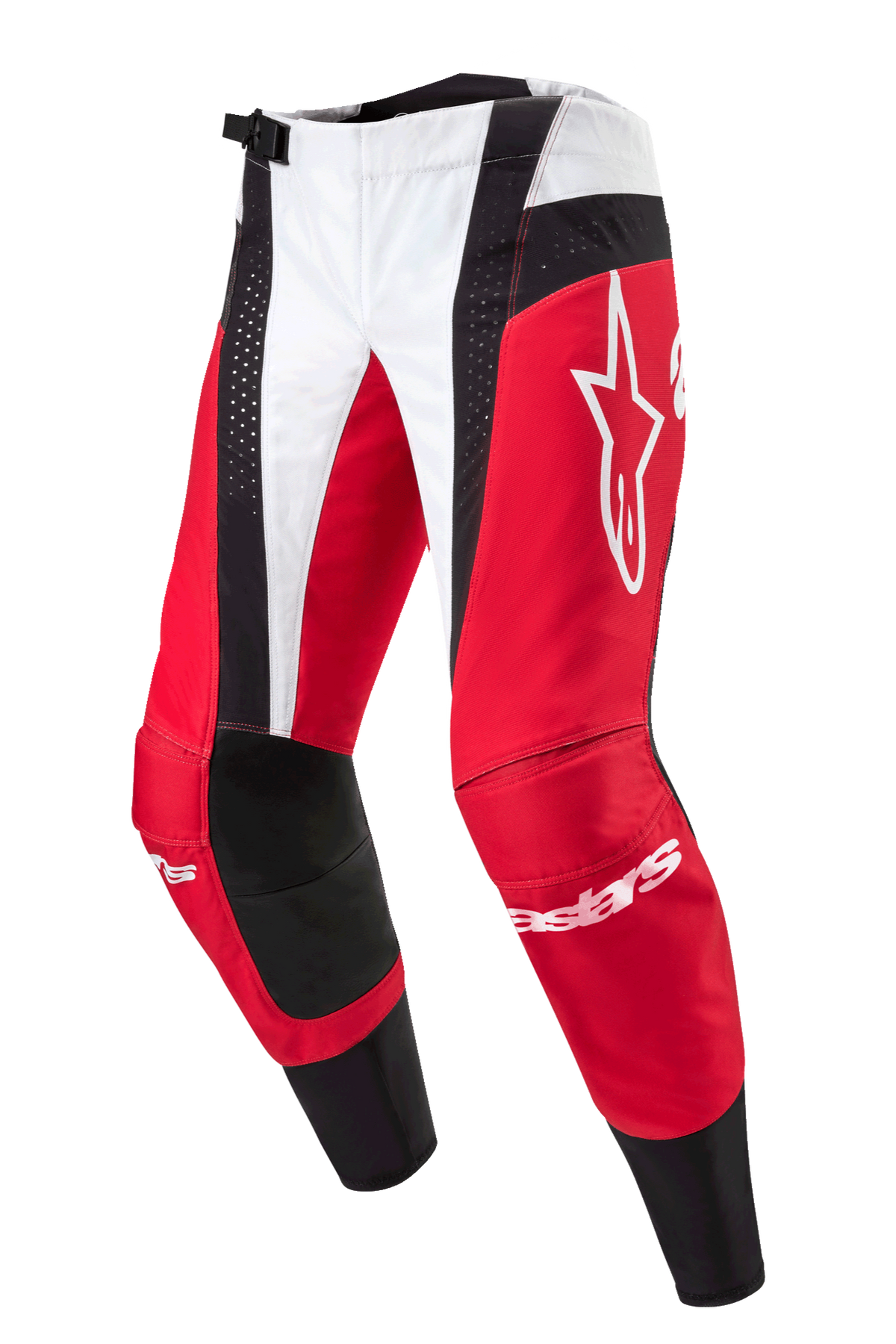 Alpinestars 2024 Techstar Ocuri Hose, Motocross-Hose, Mars-Rot, Weiß und Schwarz, mit roten und weißen Einsätzen und schwarzen perforierten Akzenten, großes weißes Astar-Logo am Oberschenkel, Alpinestars-Branding an den Schienbeinen, strapazierfähiges Design für Offroad-Rennsport