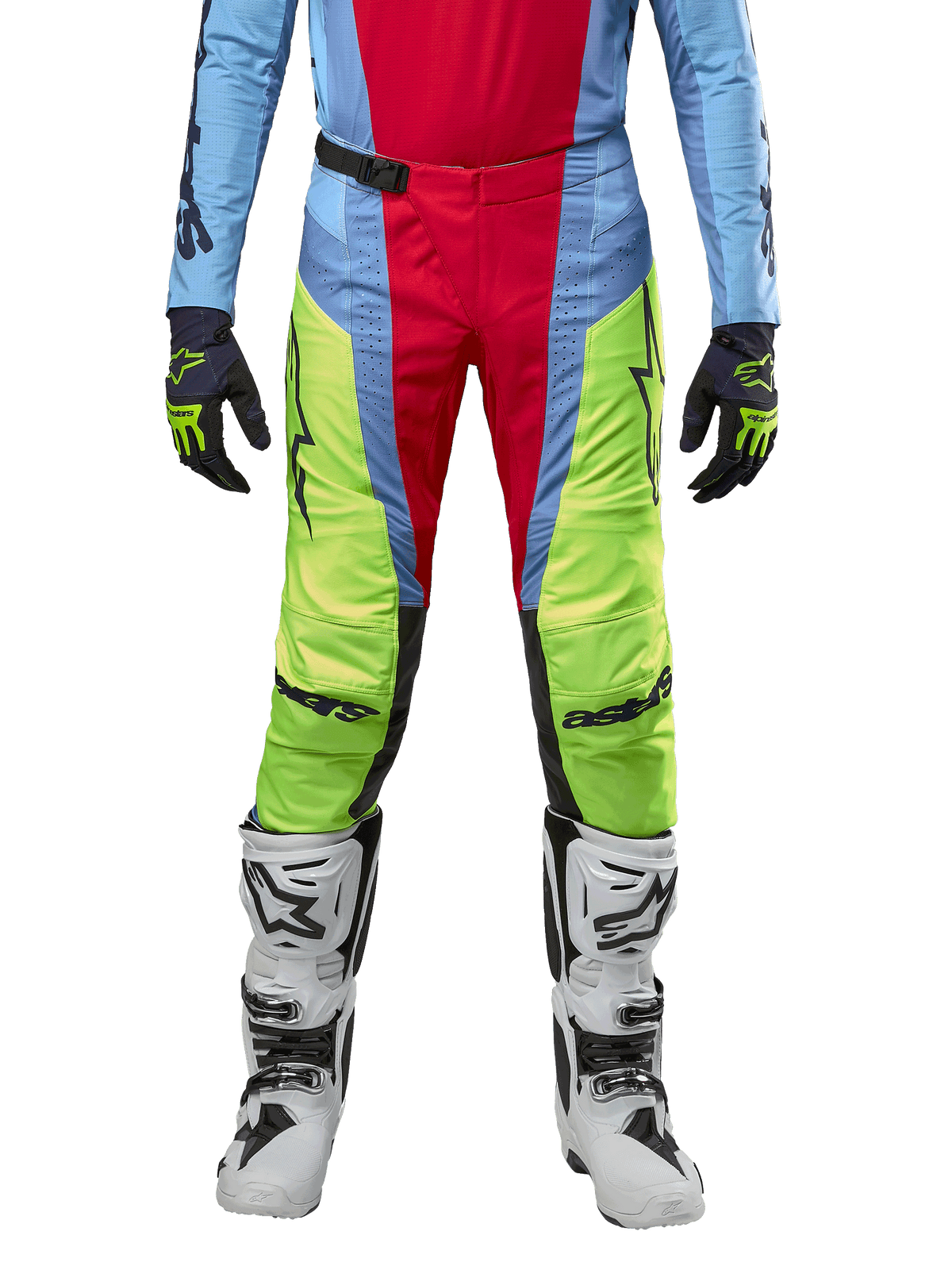 Alpinestars 2024 Techstar Ocuri Pants, Motocross Pants, Light Blue, Yellow Fluo, and Red Berry, worn with matching jersey and white motocross boots, featuring vibrant color-blocked panels and black logos, durable racing-fit design