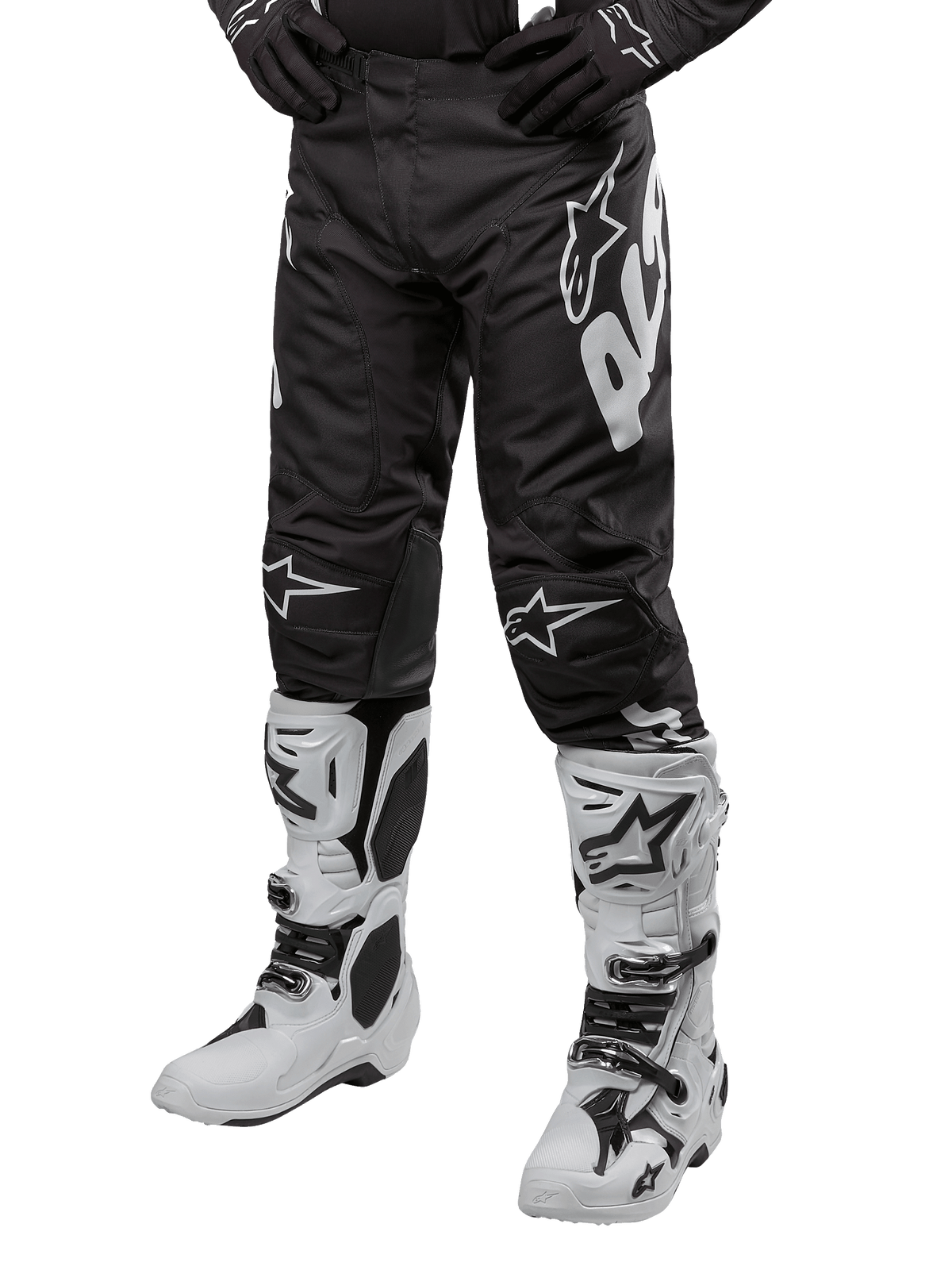 Alpinestars 2024 Racer Hana Hose, Motocross-Hose, Schwarz und Weiß mit weißen Logos, sportliche Passform, strapazierfähiges Design für Offroad-Rennsport, kombiniert mit weißen Motocross-Stiefeln