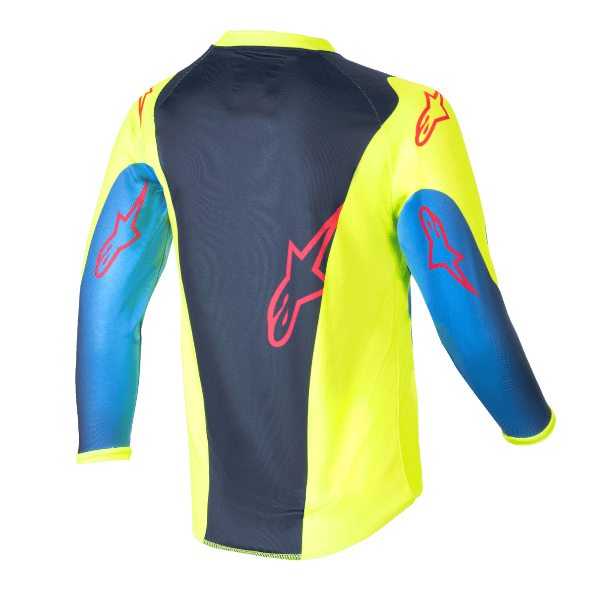Alpinestars Kids 2024 Racer Graphic 1 Trikot, Motocross-Trikot, Gelb Fluo und Blue Night Navy, Rückansicht mit roten Stern-Logos, lebhaftes Design mit dunkelblauem Mittelpanel und gelben Seiten, leichtes Poly-Gewebe für Offroad-Fahrten