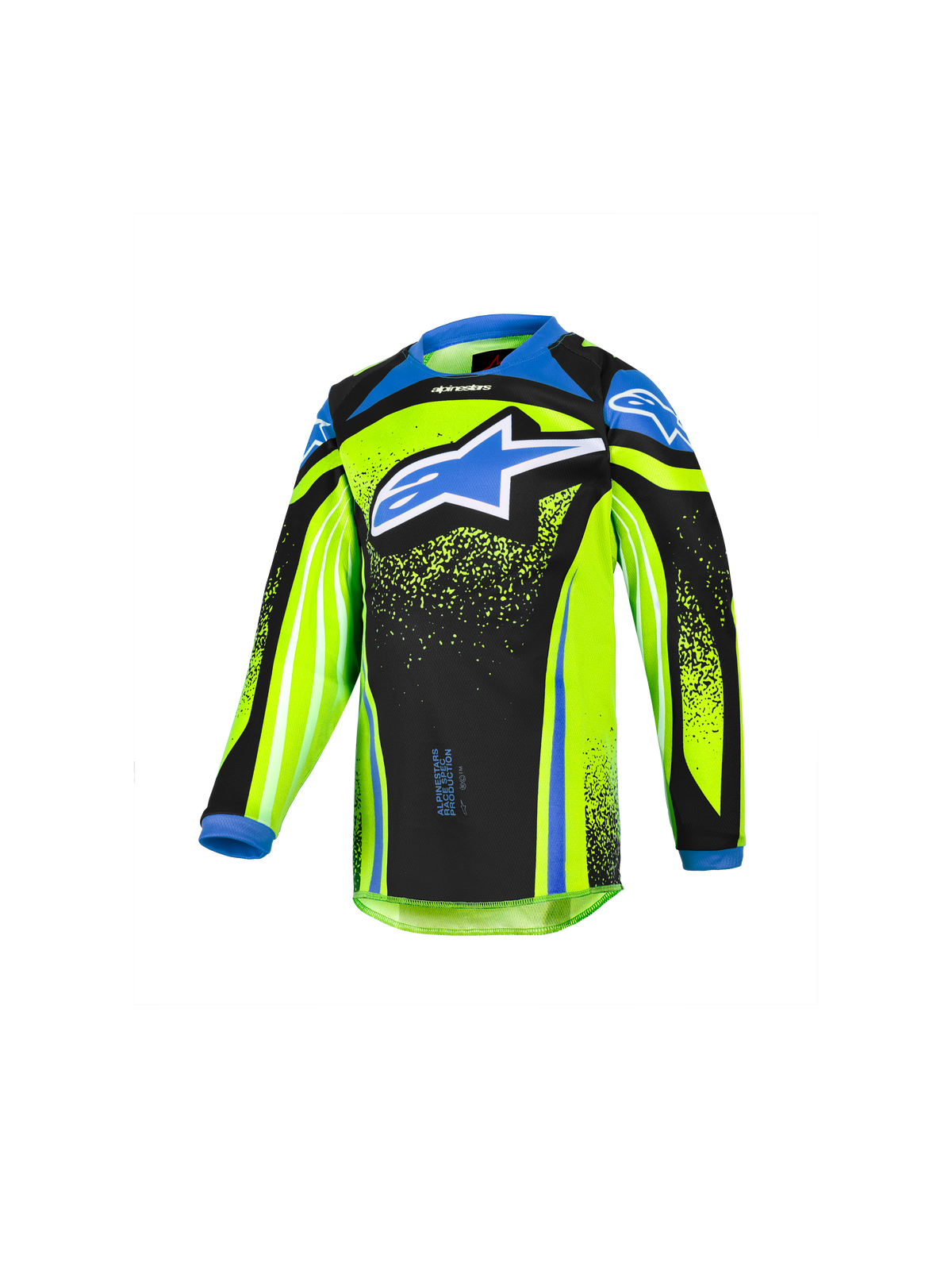 Alpinestars 2026 Kids Racer Nomur Jersey, Youth Motocross Long-Sleeve Jersey, Fluorescent Yellow and Black with Blue Accents, Large Blue Star Logo on Chest, Lightweight Moisture-Wicking Performance Fabric for Off-Road Riding
